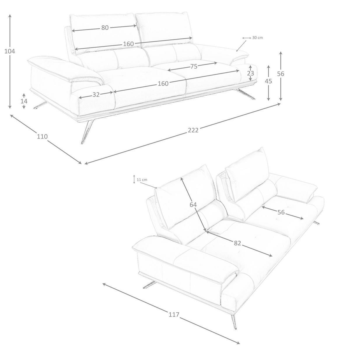SOFA 3-Sitzer-Sofa aus taupegrauem Leder 222/117/104 cm - Taupe/Chromfarben, Leder/Holz (222/100/117cm) - ANGEL CERDA