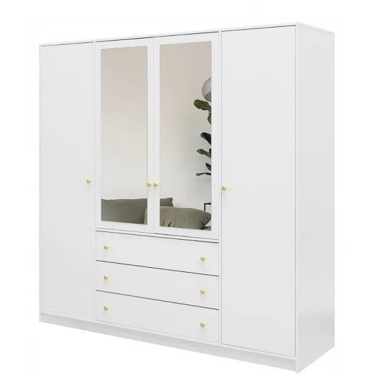 DREHTÜRENSCHRANK Solea mit 4 Türen und 3 Schubladen, Weiß - Goldfarben/Weiß, Holzwerkstoff (196/200/58cm) - Beautysofa