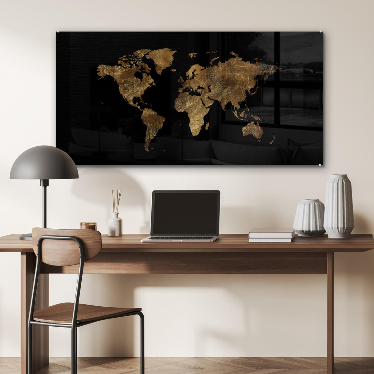 ACRYLGLASBILD Weltkarte - Gold - Luxus - Erde - Schwarz 120x60 cm - Goldfarben, Glas (120/60cm) - MuchoWow