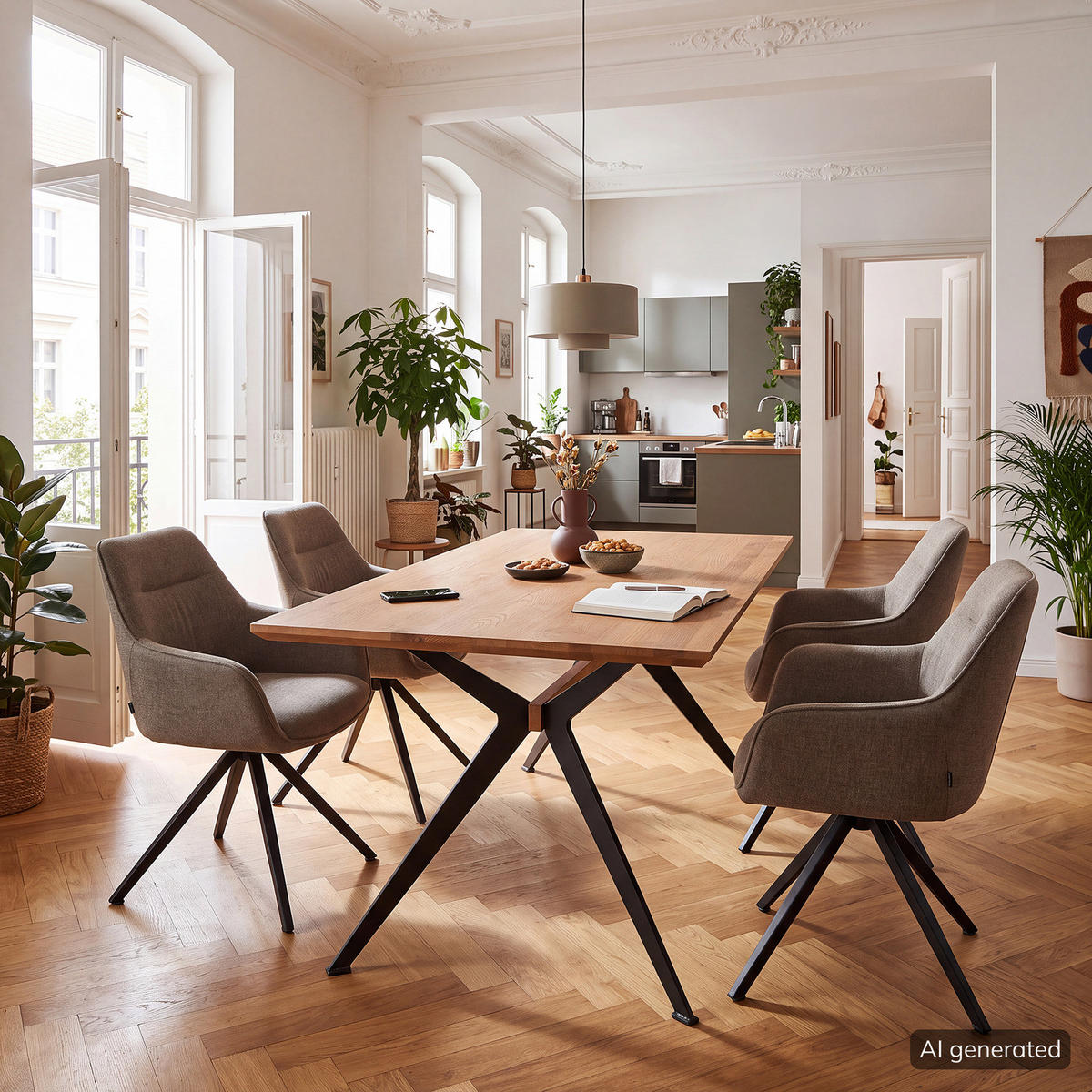 ESSTISCH - Metall / Massivholz - Schwarz - Eichefarben, Holz/Metall (100/200/77cm) - home24