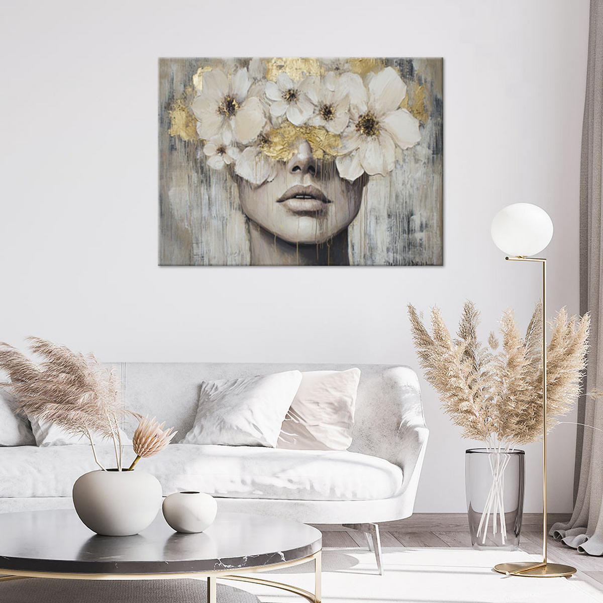WANDBILD frau blüht goldenes beige - Grau, Textil (120/80cm) - Feeby