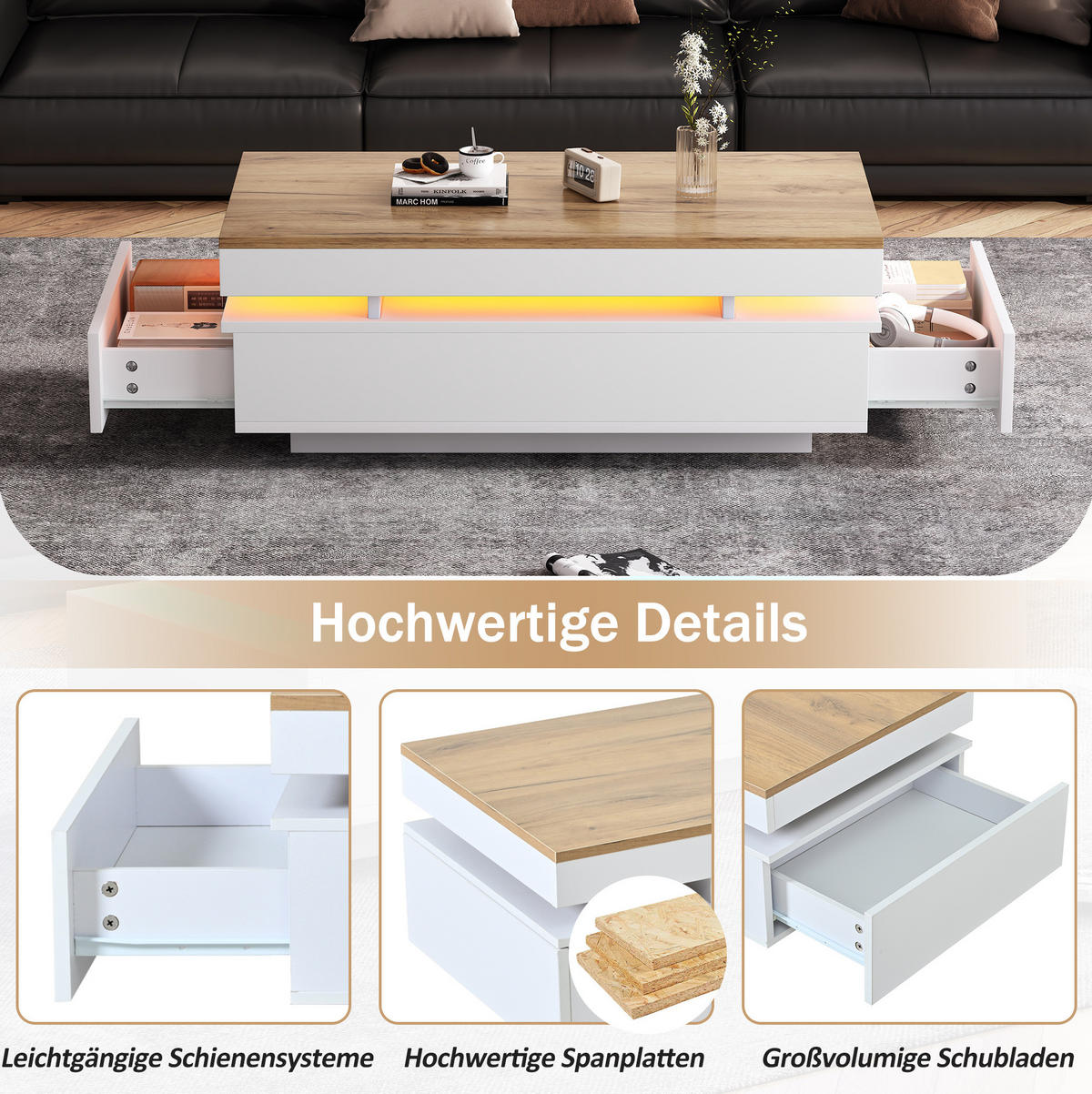 COUCHTISCH 100/50 cm mit 2 Schubladen, LED-Beleuchtung und USB in Weiß/Holzfarben - Weiß, Holzwerkstoff (100/50/35cm) - BEAOK