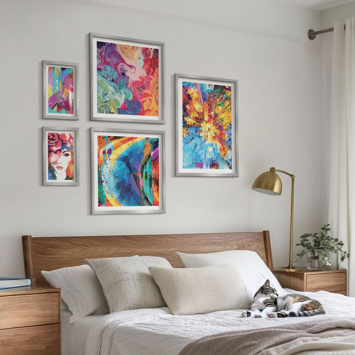 BILDER SET 5er Set - 50x50 cm & 20x30 cm & 40x60 cm Silberner Rahmen - Minimalistische Boho-Illustrationen - Silberfarben, Kunststoff (40/60cm) - TULUP