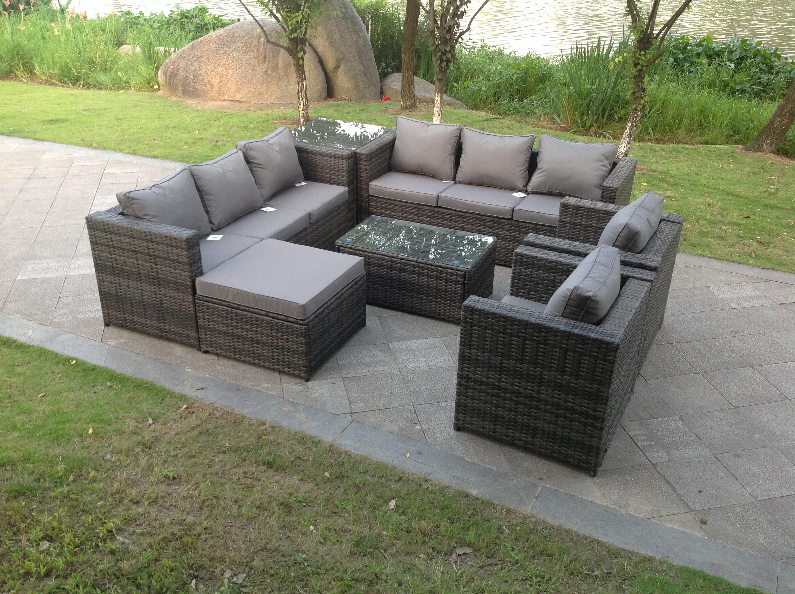 GARTENSET Polyrattan 9-Sitzer - Dunkelgrau/Grau, Glas/Kunststoff - Fimous