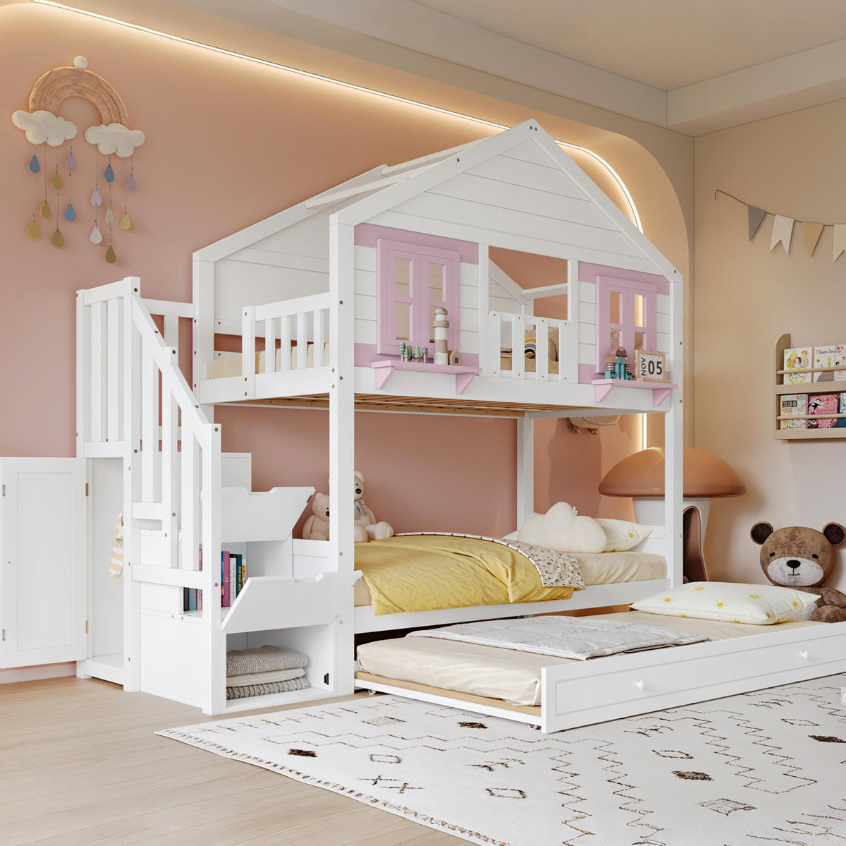 ETAGENBETT 90/200 cm weiß/rosa aus Kiefer und MDF mit Rollbett - Weiß, Holz (90/200cm) - OKWISH