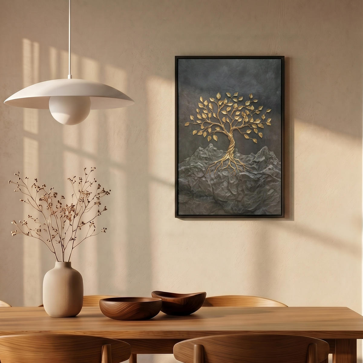 LEINWAND Bilder mit Rahmen - Blätter - Gold - Baum - Fels - 40x60 - Schwarz, Textil (40/60cm) - MuchoWow