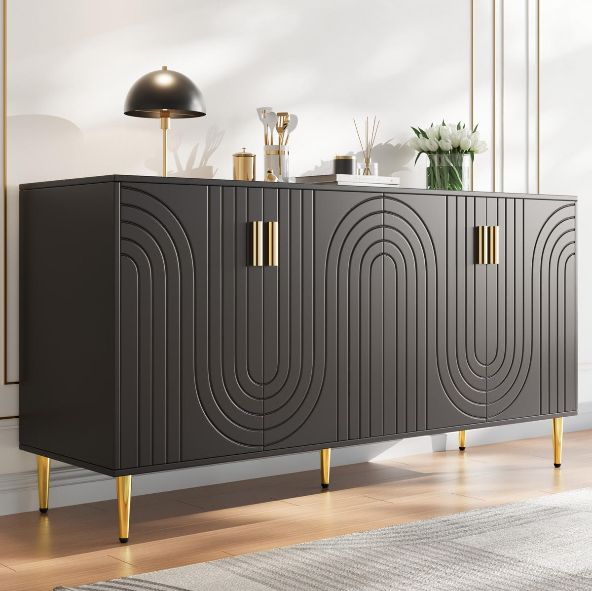 SIDEBOARD 152/40/75 cm, schwarze MDF-Wellenfront mit goldenen Akzenten und großzügigem Stauraum, Schwarz - Schwarz, Holzwerkstoff (152/75/40cm) - Redom