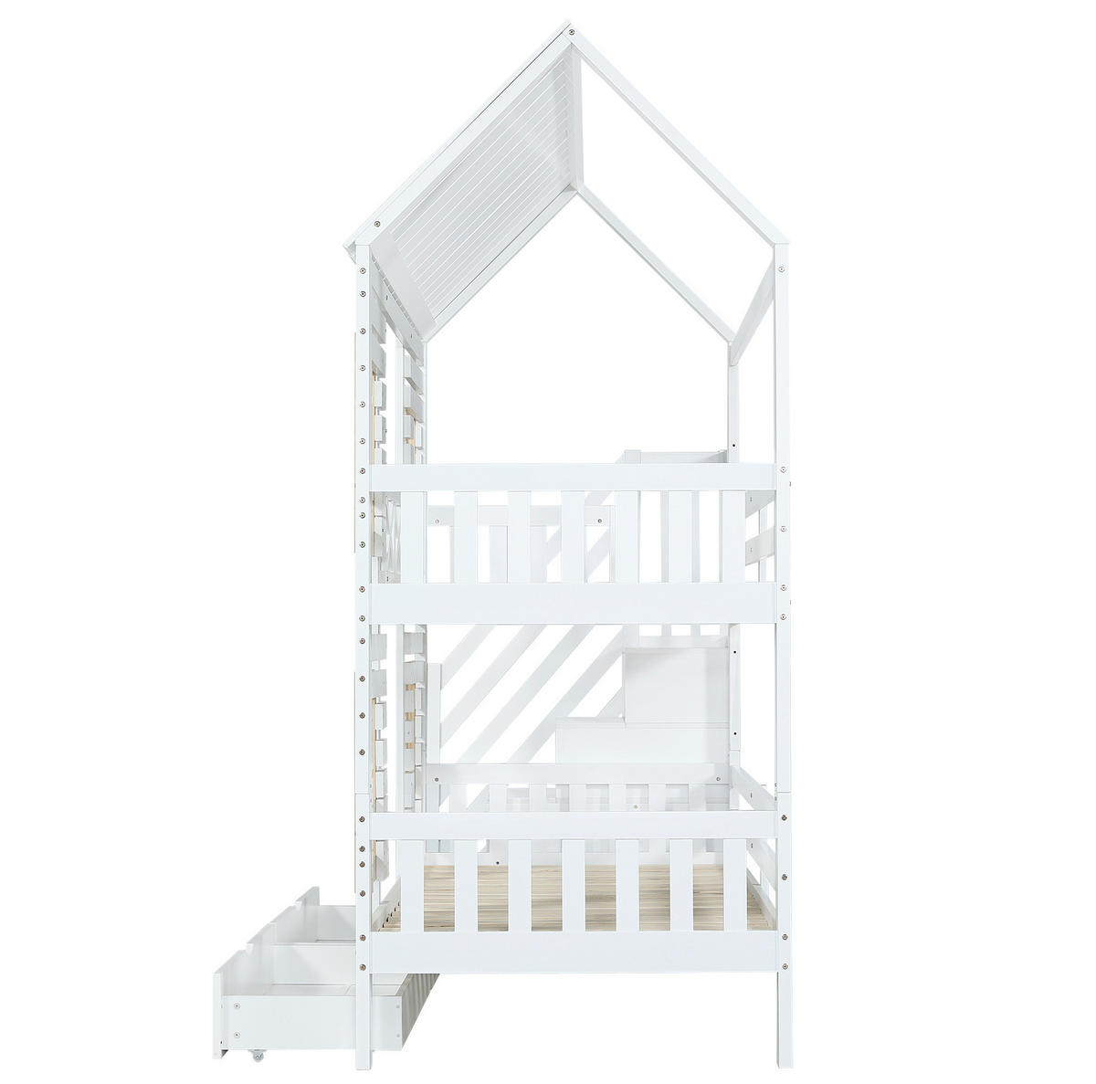 ETAGENBETT 90/200 cm in Weiß/Natur mit Stauraumtreppe und 2 Schubladen - Weiß, Holz (90/200cm) - OKMYHOME