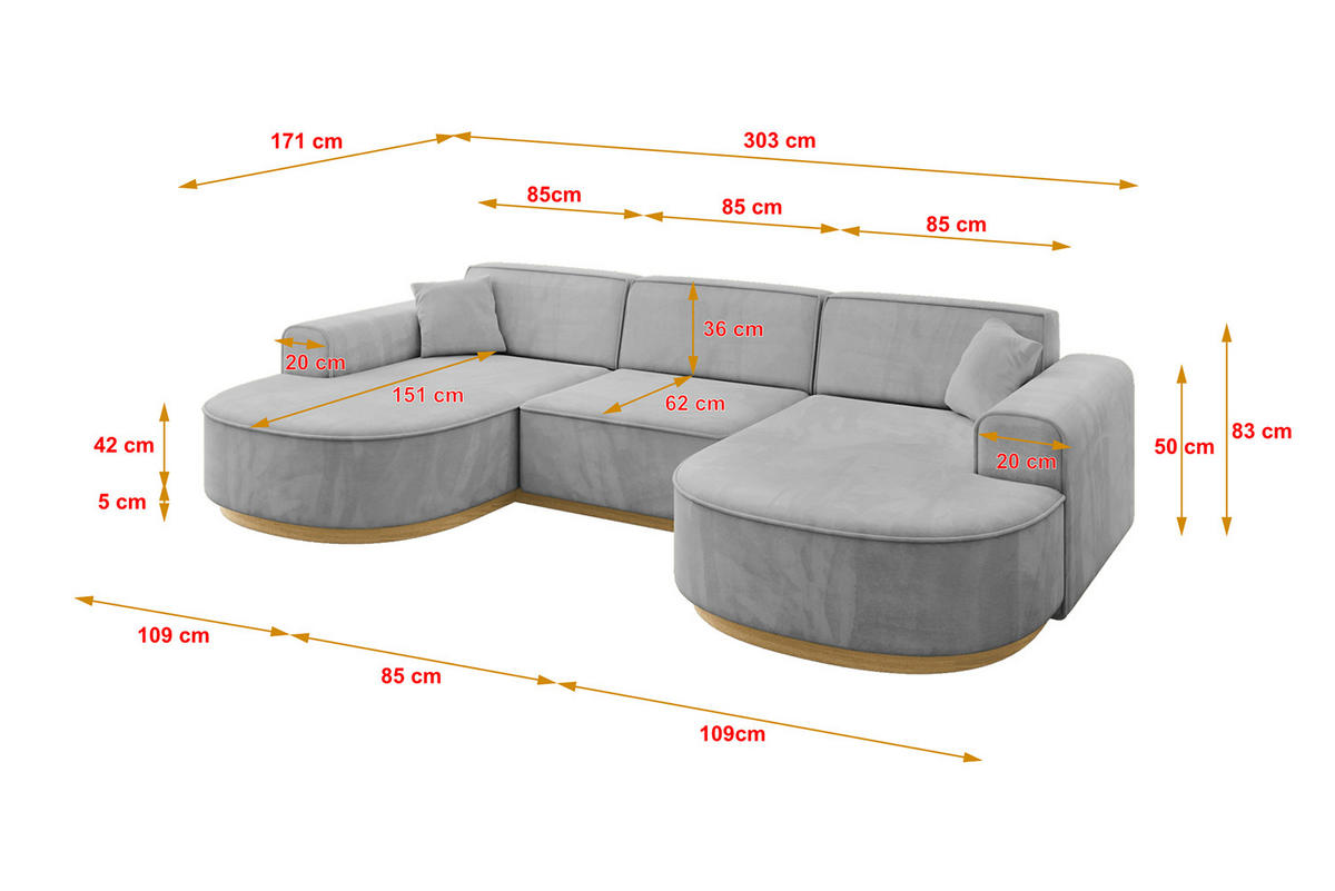 WOHNLANDSCHAFT MARI-U1-v2 - 303x171x83 cm Grau Velours - Grau, Holzwerkstoff/Textil (303/83/171cm) - ALTDECOR
