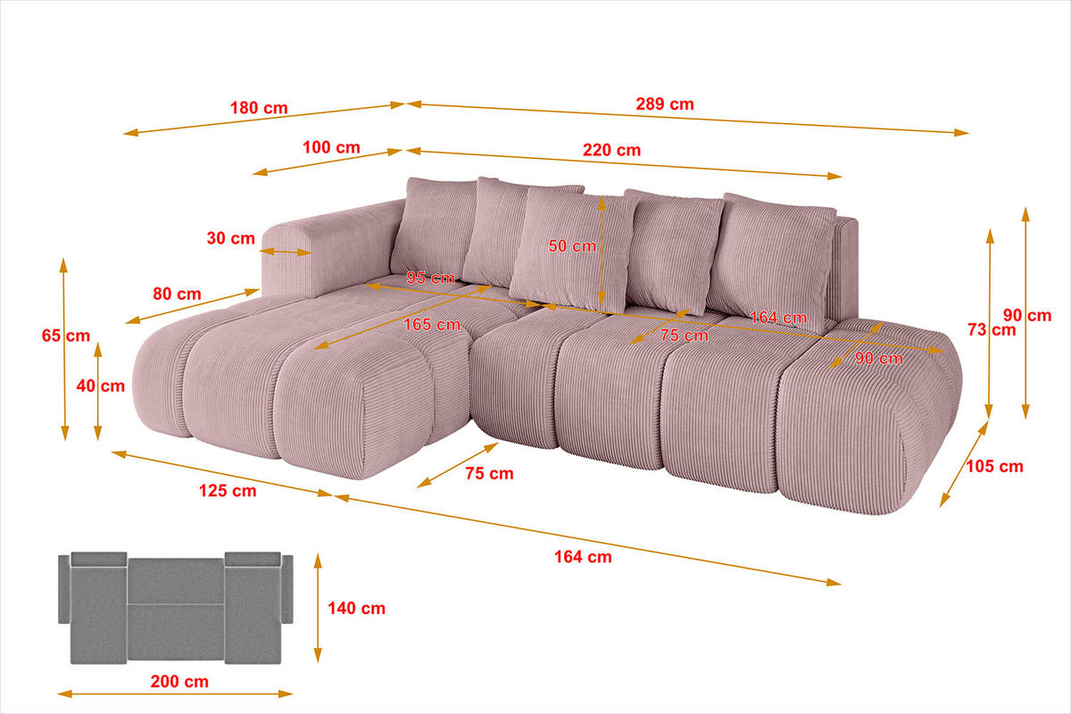 ECKSOFA Ottomane Links CLOUD-L-v1 289x180x40 Rosa Cord - Rosa, Holzwerkstoff/Kunststoff (180/289cm) - ALTDECOR