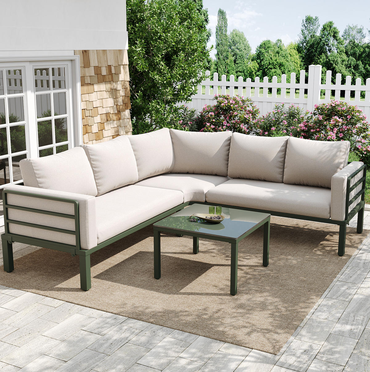 GARTENMÖBEL-SET aus Eisen mit Couchtisch aus gehärtetem Glas, 4-5 Sitzer, 114/60/70,5 cm, Beige - Beige, Metall - Redom