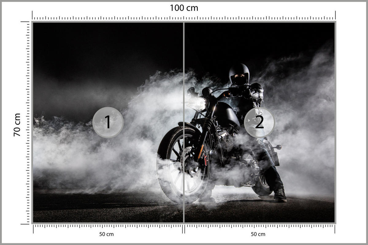 FOTOTAPETE für Jugendzimmer Motorrad Nebel Mann Straße Rauch Sport Action 100x70 - Schwarz/Weiß, Papier (100/70cm) - Muralo