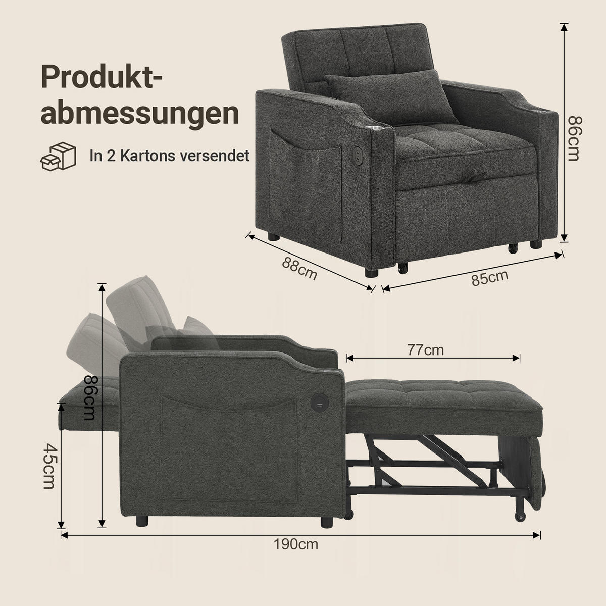 RELAXSESSEL 190/85/86 cm Dunkelgrau mit USB-/Typ-C-Anschluss und Seitentasche - Dunkelgrau, Textil (190/86/85cm) - Oxeza