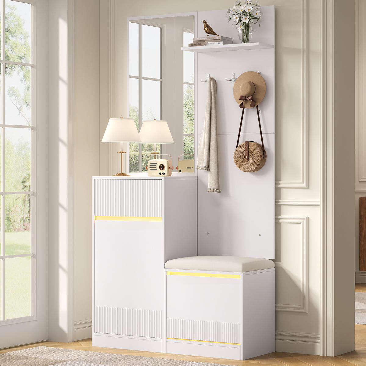 GARDEROBE mit Spiegel, Schuhschrank, Schuhbank und LED - Weiß, Holzwerkstoff (105/190/38cm) - FLIEKS