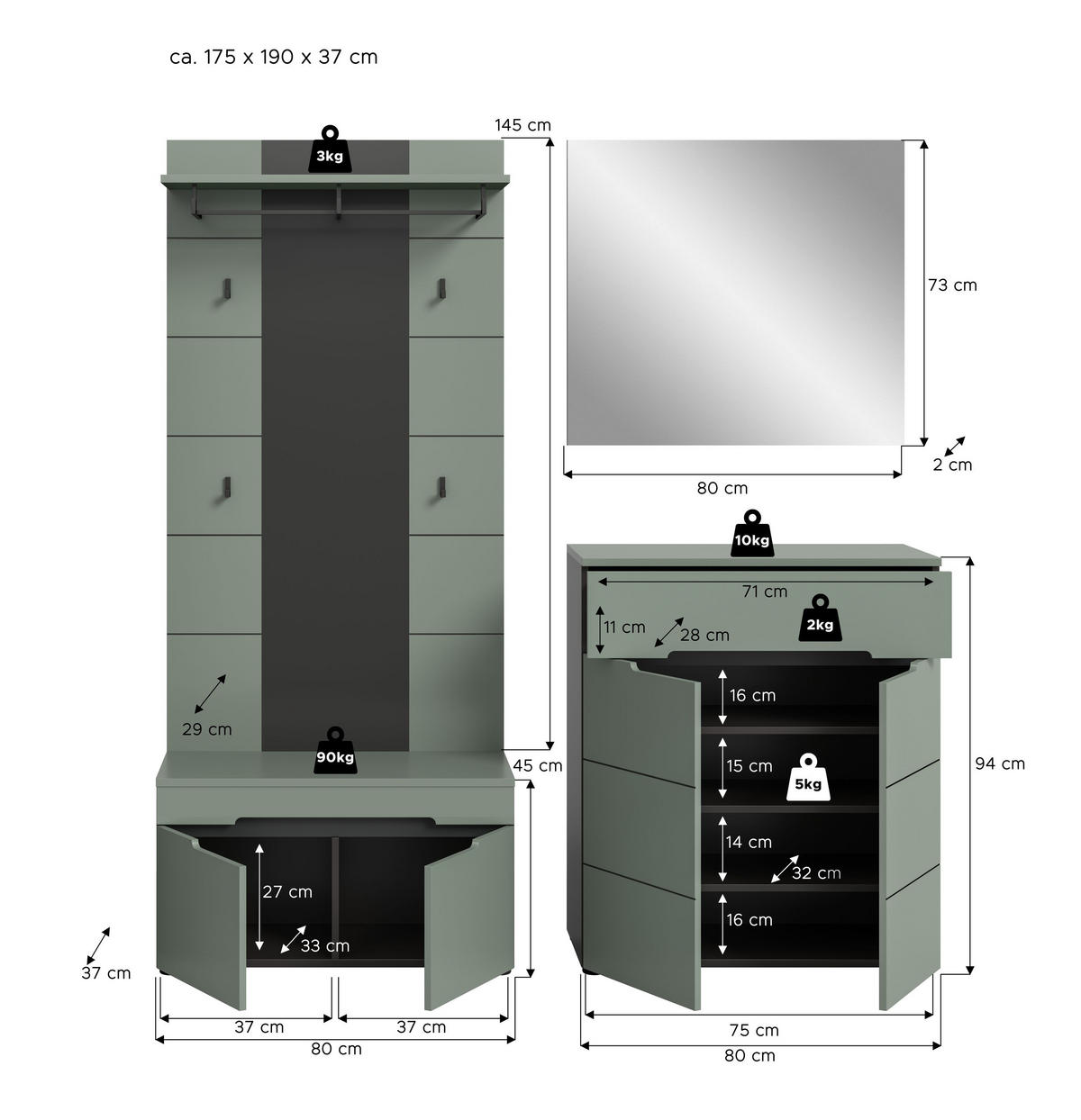 GARDEROBE Nova (B/H/T: ca. 175/190/37 cm) 4 tlg. in Basalt grau/Smoke Green - Grau, Holzwerkstoff (175/190/37cm)