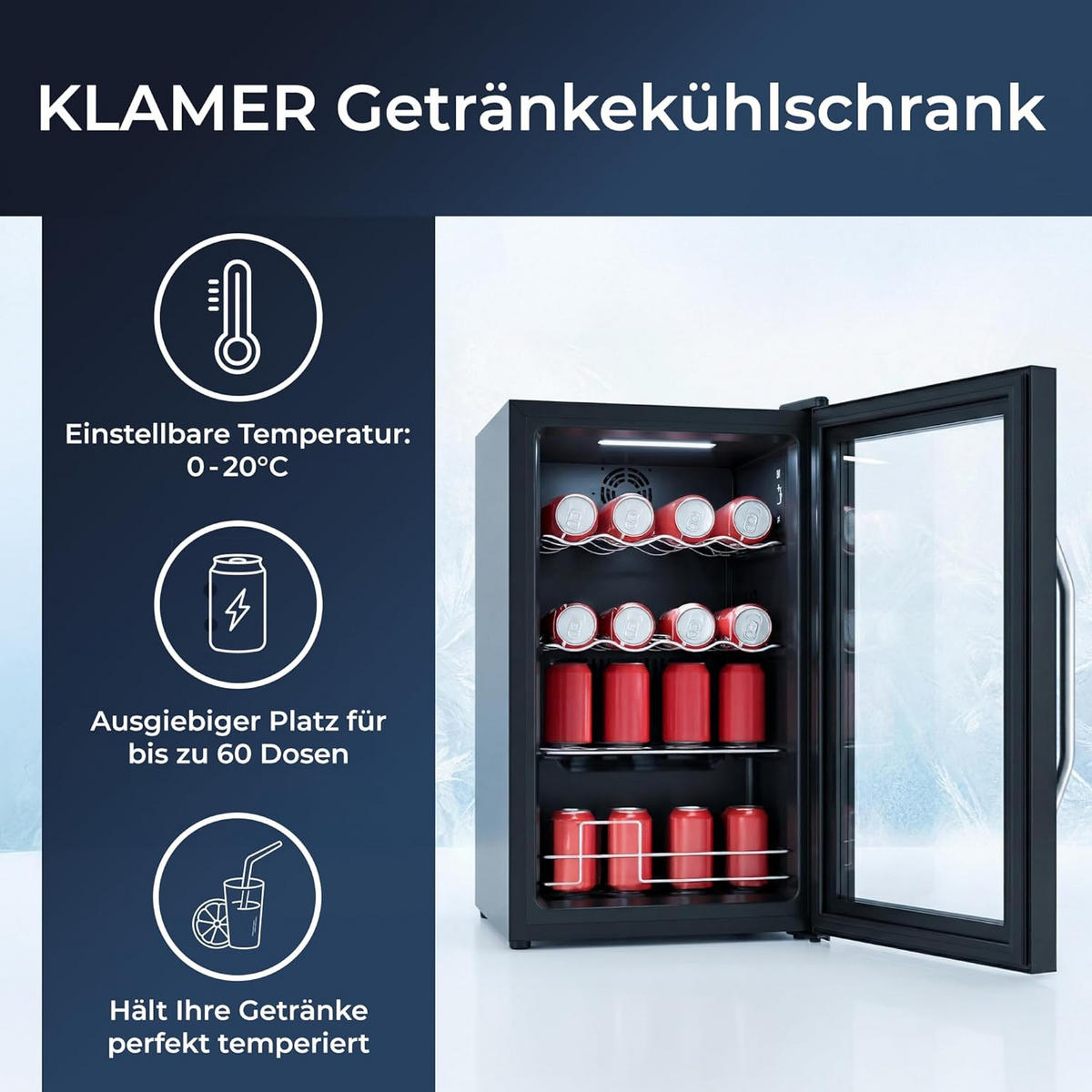GETRÄNKEKÜHLSCHRANK 60L Mini Kühlschrank - Schwarz, Glas/Metall (43/75/49cm) - KLAMER