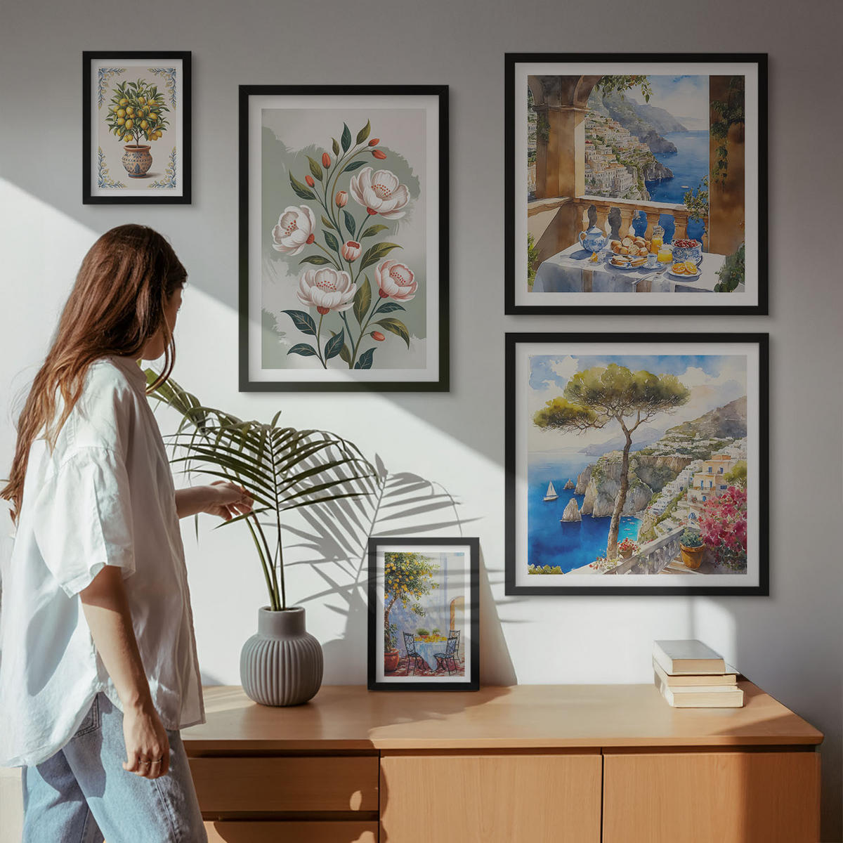 BILDER SET 5er Set - 50x50 cm & 20x30 cm & 40x60 cm Schwarzer Rahmen - Blick auf das Meer aus Zitronenbäumen - Schwarz, Kunststoff (40/60cm) - TULUP