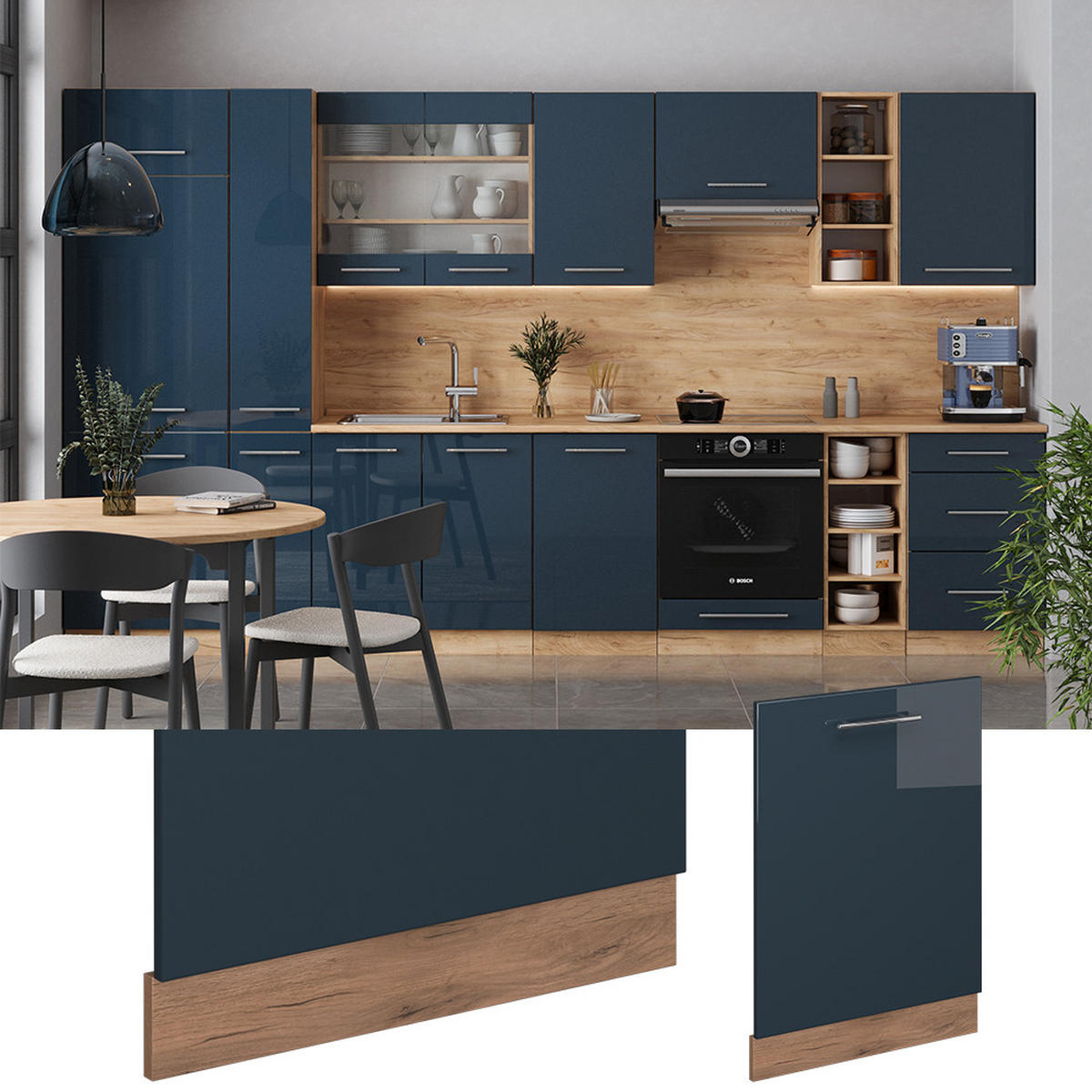 GESCHIRRSPÜLBLENDE Fame-Line Dunkelblau Hochglanz 60 cm ohne Arbeitsplatte - Honigeiche/Eiche Wotan, Holzwerkstoff (60/81.8/1.6cm) - Vicco