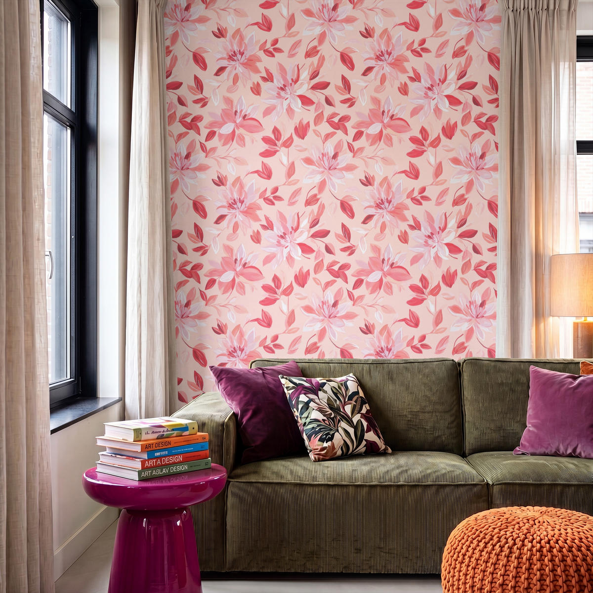 TAPETE - Botanisch - Blumen - Rot - 160x240 cm - Koralle, Papier (160/240cm) - OnlyWow