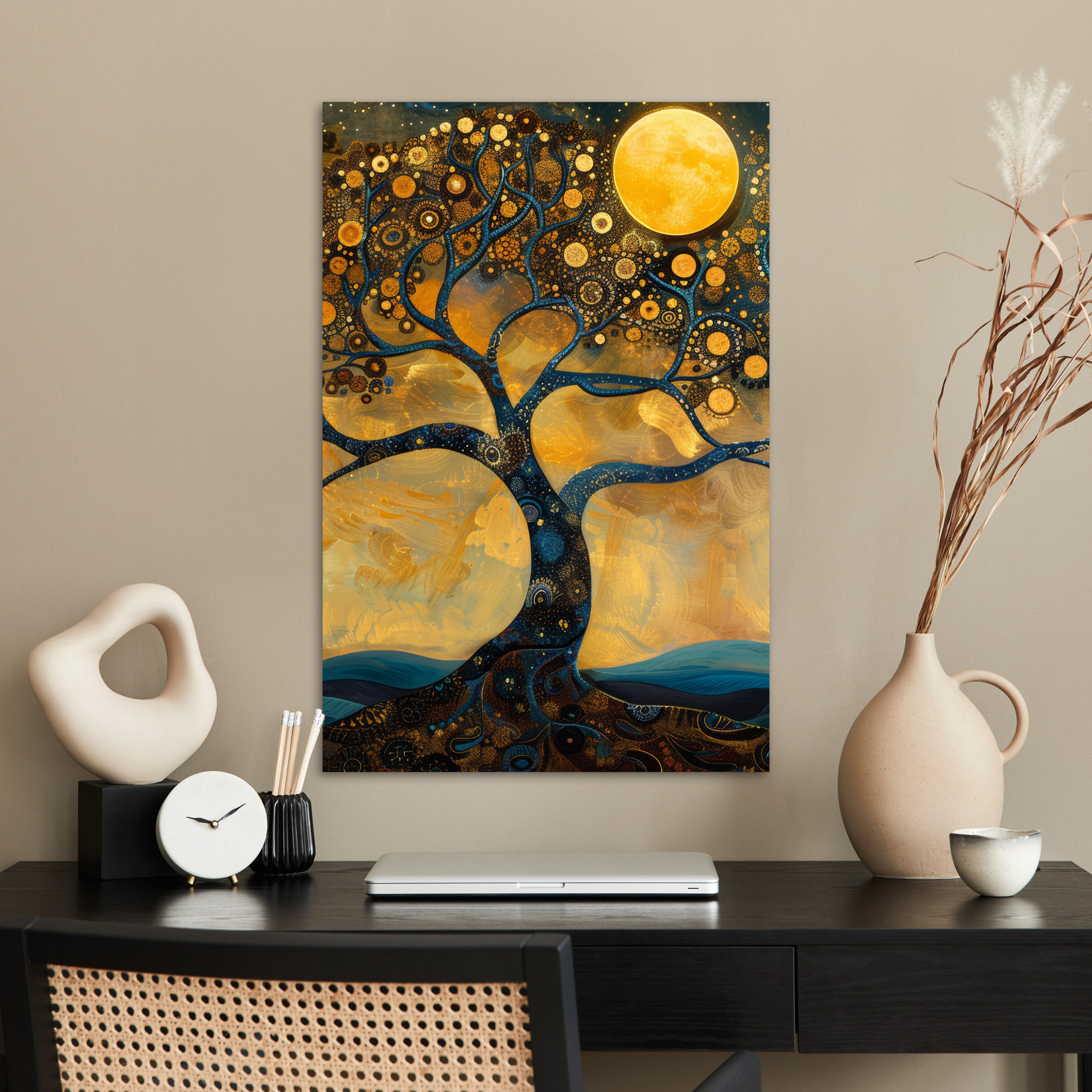 POSTER Baum - Mond - Blumen - Gold - Kunst 40x60 cm - Orange, Papier (40/60/0.1cm) - MuchoWow