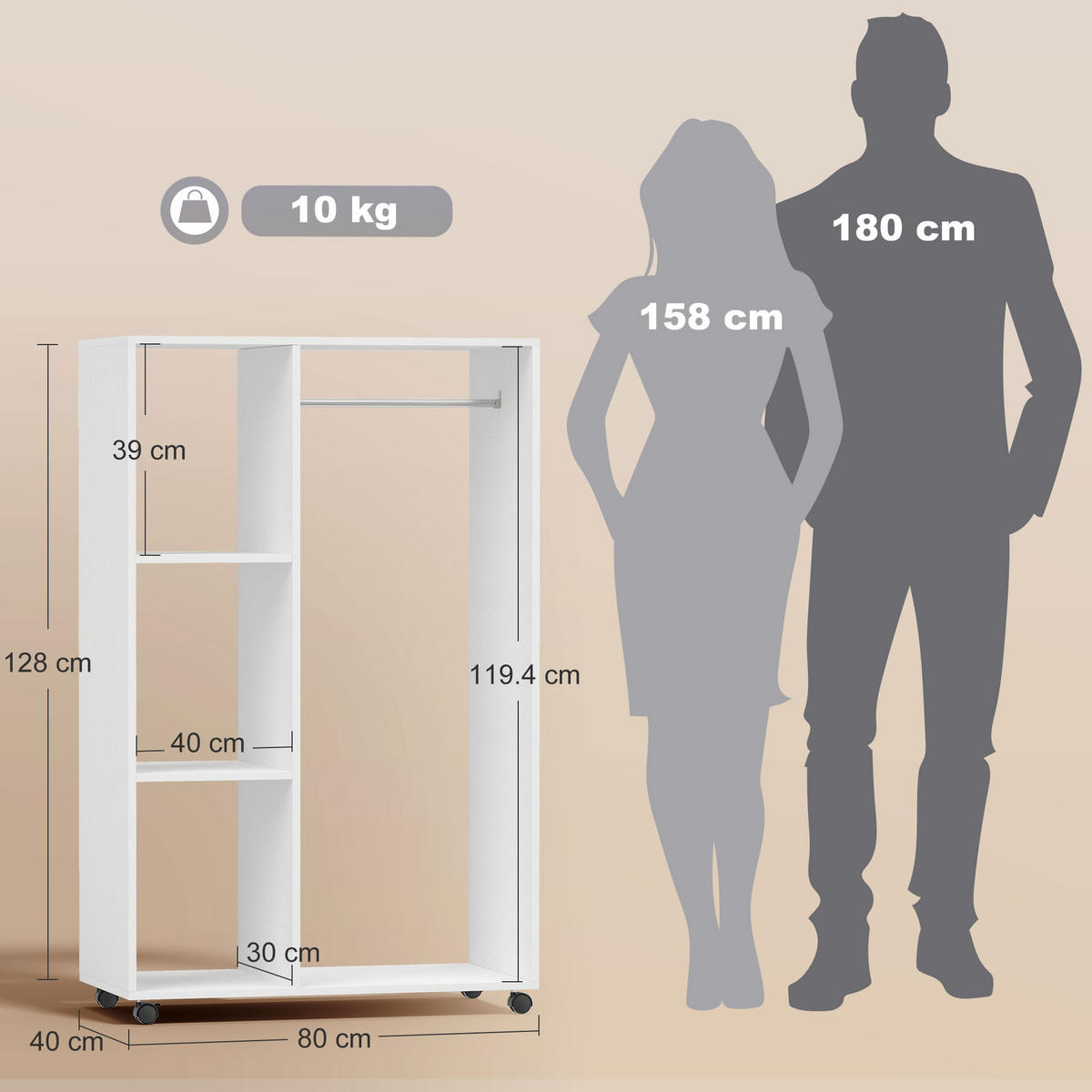 ROLLGARDEROBE Weiß 1 Stück - Weiß, Holzwerkstoff (80/128/40cm) - GiPP