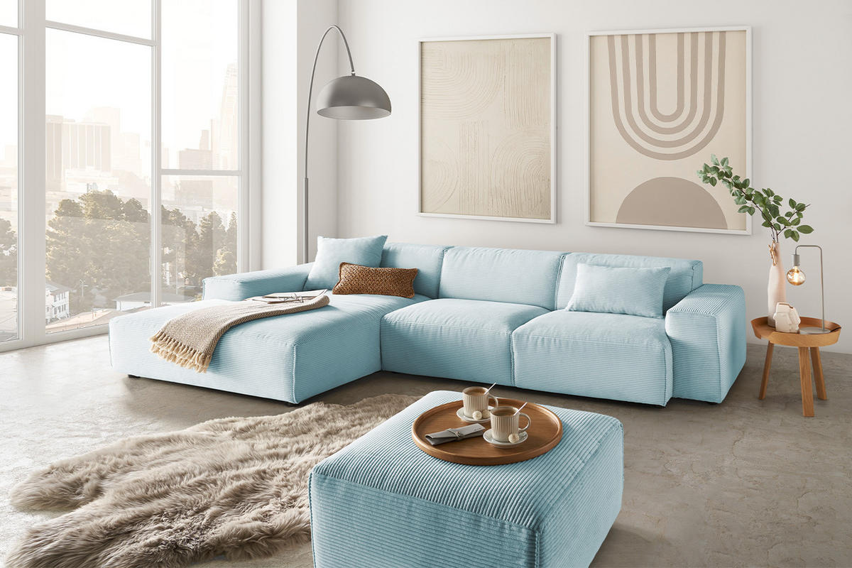 ECKSOFA RANI Hellblau Cord - Schwarz/Hellblau, Kunststoff/Textil (299/189cm) - KAWOLA