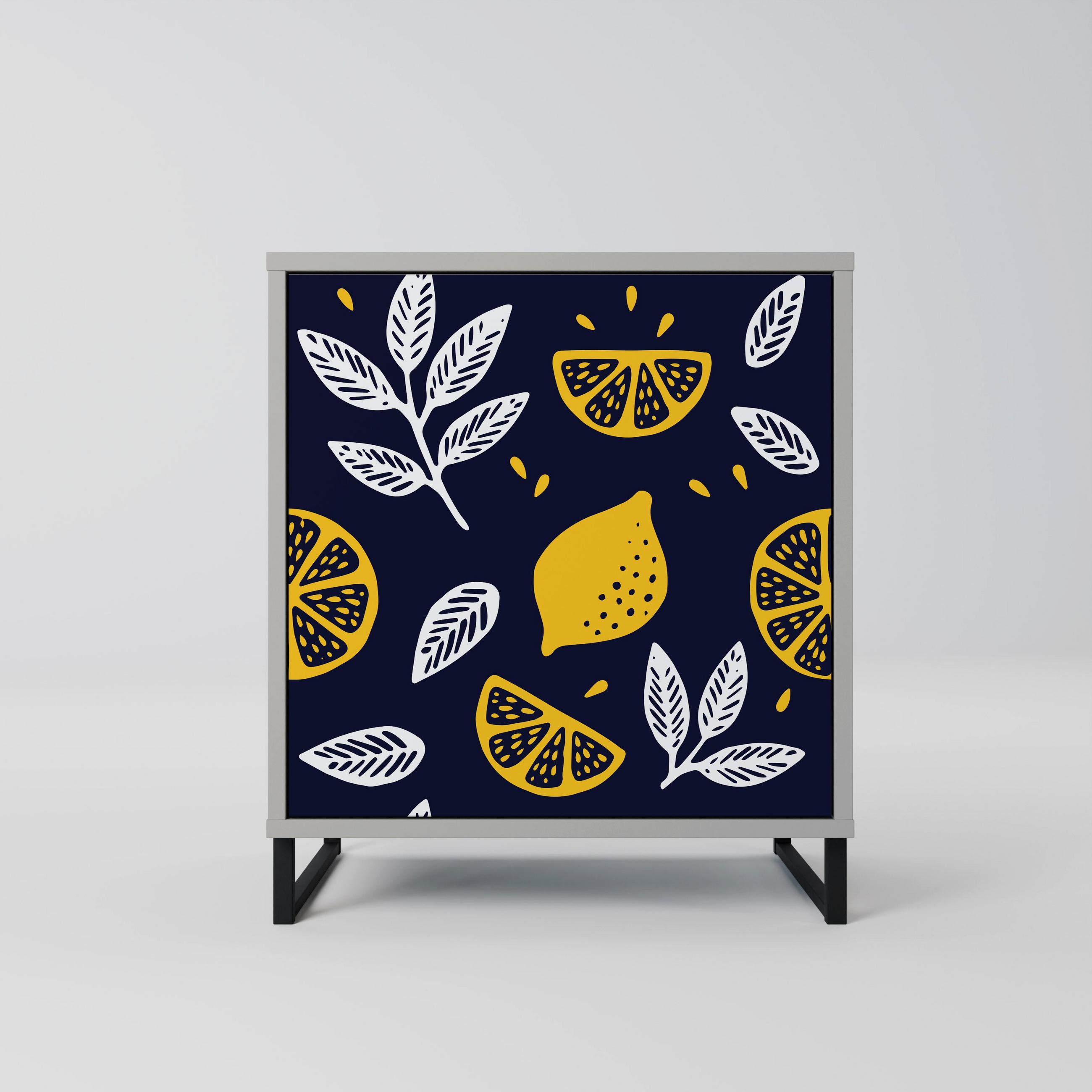 SIDEBOARD CITRUS BLACK AND WHITE, Grau, 57,5x42x67,5 cm, Schwarze Metall-Rahmenfüße - Multicolor/Schwarz, Holzwerkstoff/Metall (57.5/67.5/42cm) - SpaceRebels