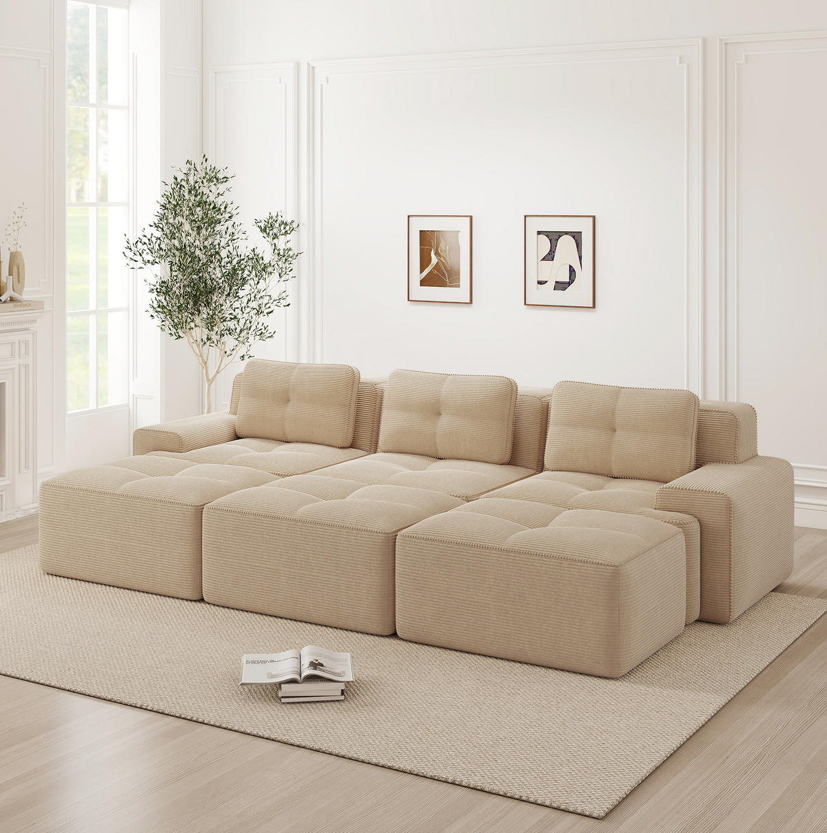 SOFA modular mit Schlaffunktion Cord Beige - Beige, Kunststoff (177/69/293.2cm) - Meubliv