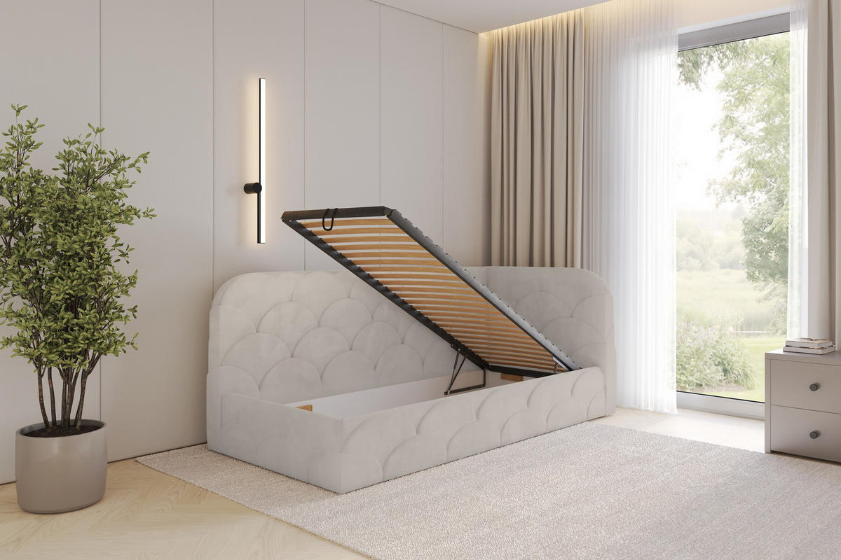 EINZELLBETT Jugendbett mit Bettkasten und Matratze H3/H4, Links - ELRY 90x200 Beige - Ecru, Holzwerkstoff/Textil (90/200cm) - ALTDECOR