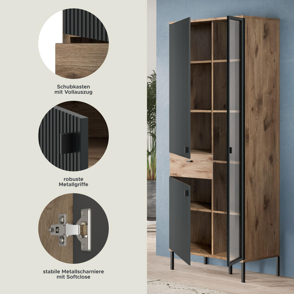 STAURAUMVITRINE CHESS (B/H/T: ca. 83/198/41 cm) in Nox Oak Nachbildung/schwarz - Eichefarben, Holzwerkstoff (83/198/41cm)