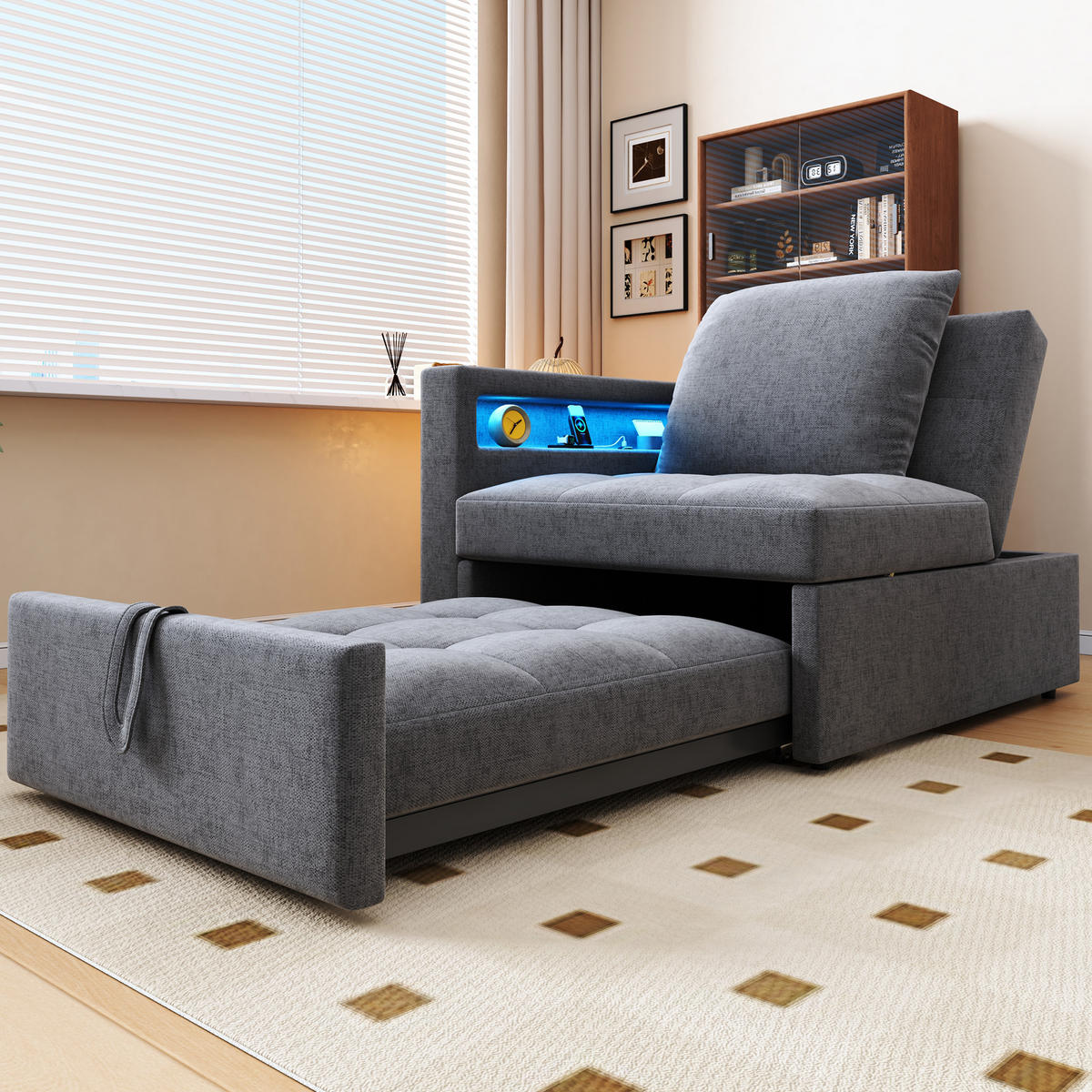 SCHLAFSOFA 3-in-1 mit verstellbarer Rückenlehne und USB-anschlüssen Hellgrau 177/68/65 cm - Hellgrau, Leder (68/65/97cm) - OKWISH