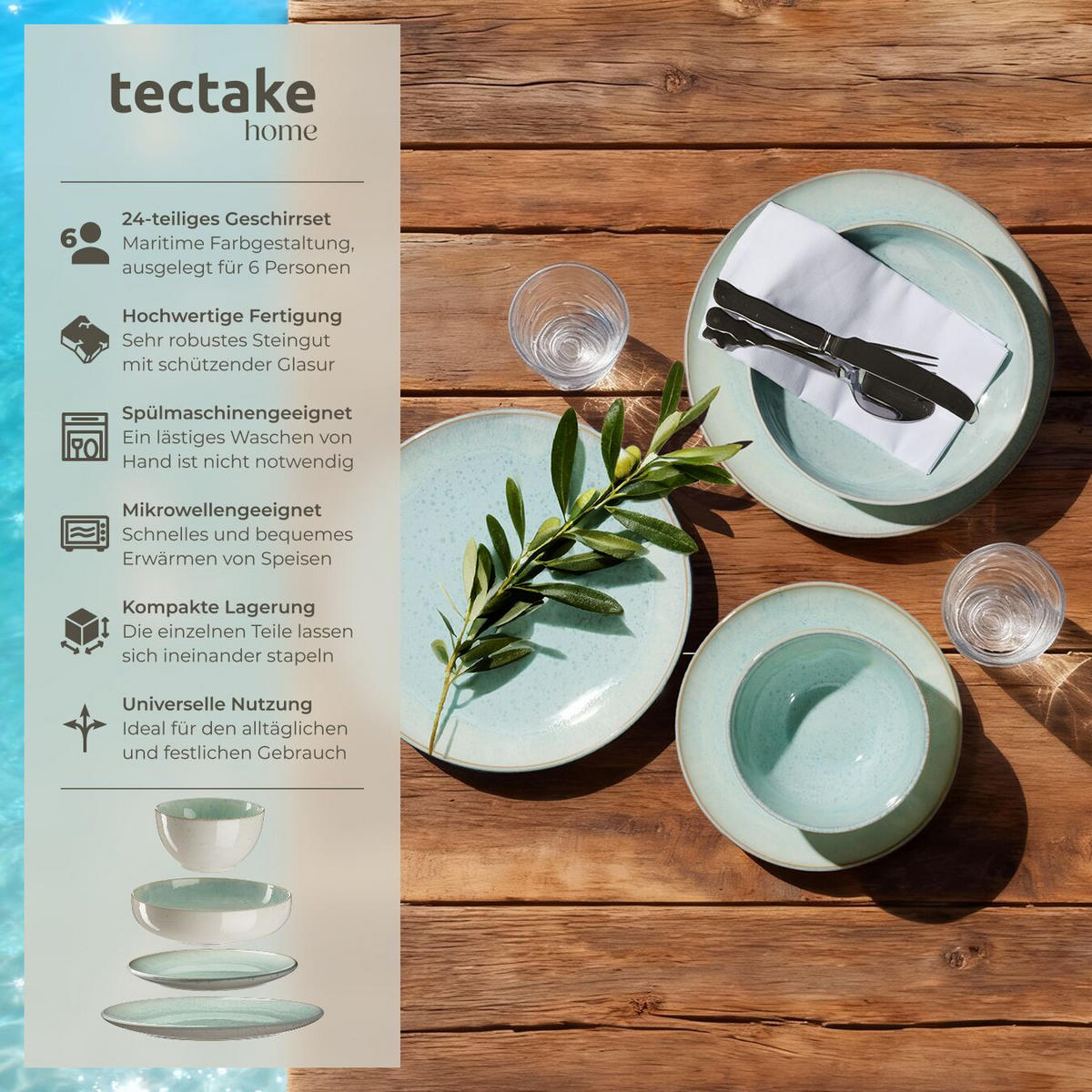 TAFELSERVICE Mare, ineinander stapelbar, Mint - Mintgrün, Keramik (26.5/2.5/26.5cm) - tectake