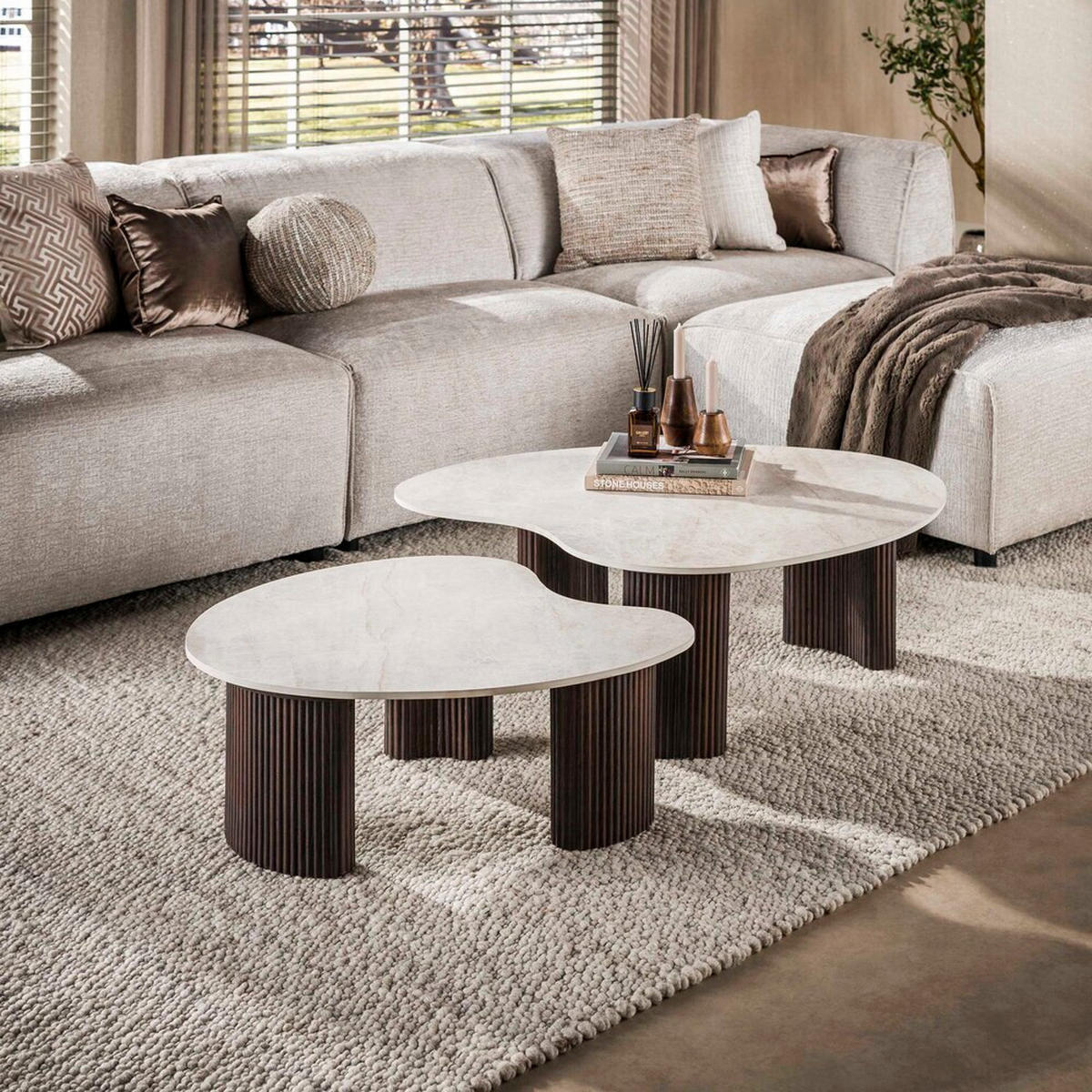 COUCHTISCH Set CERAMO APERTO 2-tlg. organisches Design-Set mit 3D-Keramikplatte - Dunkelbraun/Beige, Keramik (102/80/35cm) - alesvelt