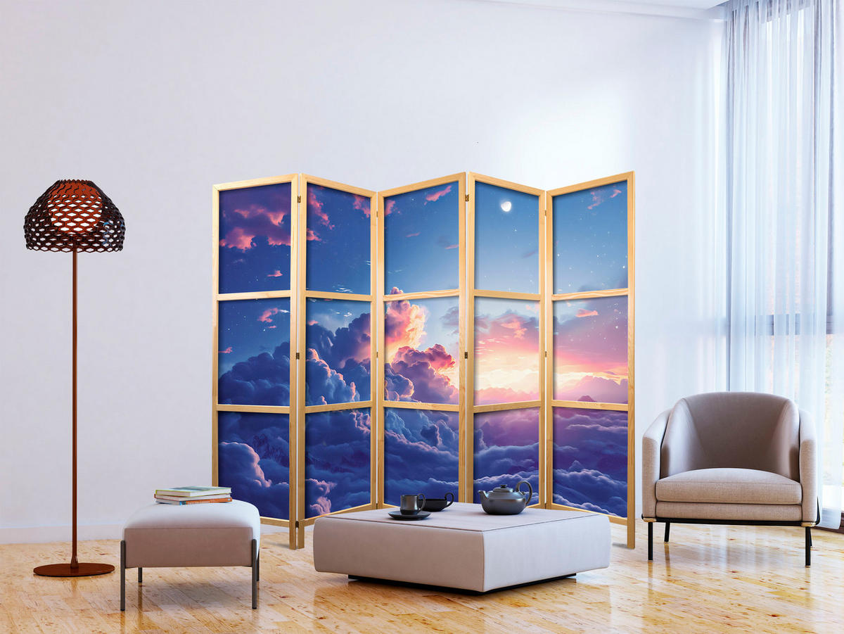 PARAVENT Japanischer 5-tlg 225x172 cm Bunter Himmel - Blau, Holz/Textil (225/172/3cm) - Muralo