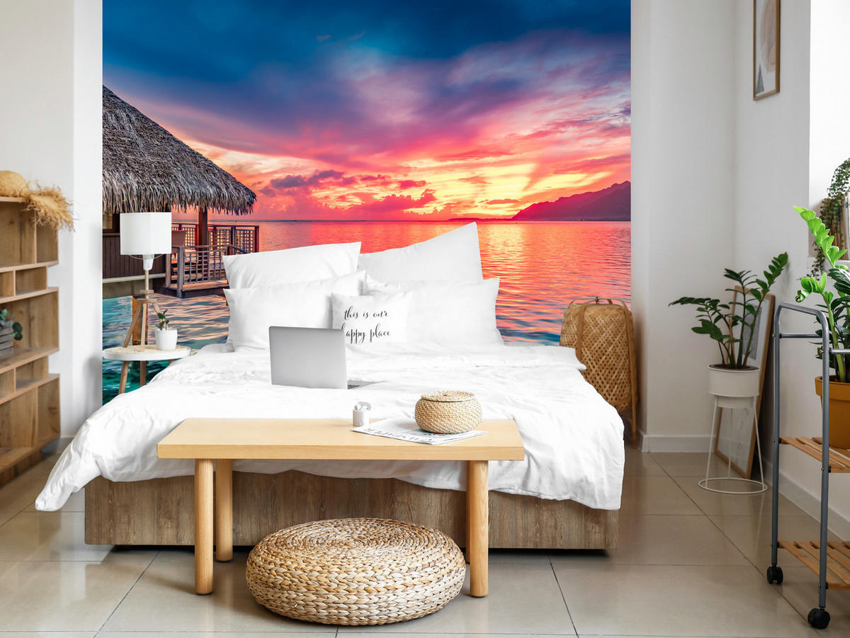 FOTOTAPETE für Wohnzimmer Sonnenuntergang Ozean Holzhütte 200x140 - Türkis/Blau, Papier (200/140cm) - Muralo