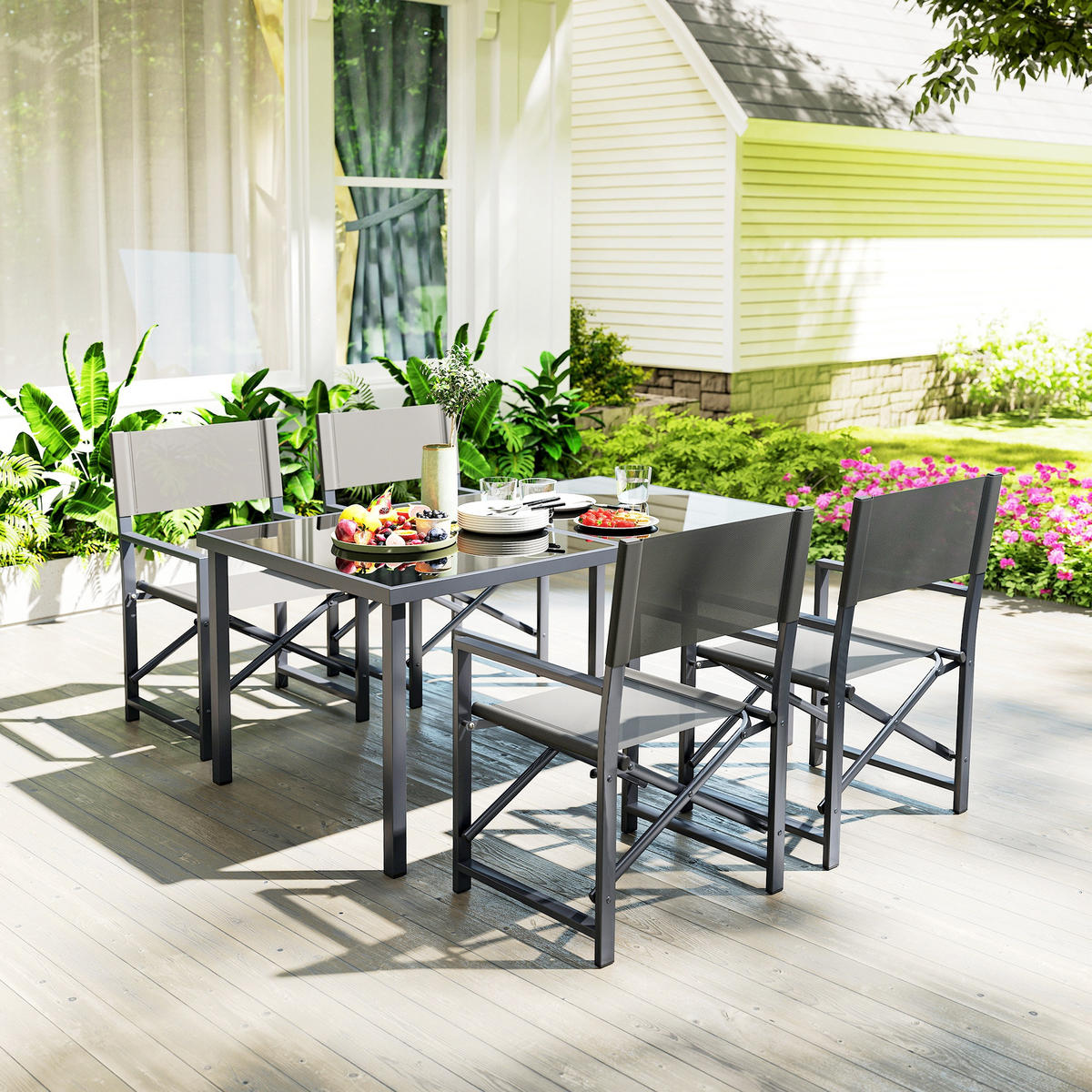 SITZGRUPPE 5-teilig DE-09823 mit Glastisch und klappbaren Stühlen Grau - Grau, Metall - ComfortXL