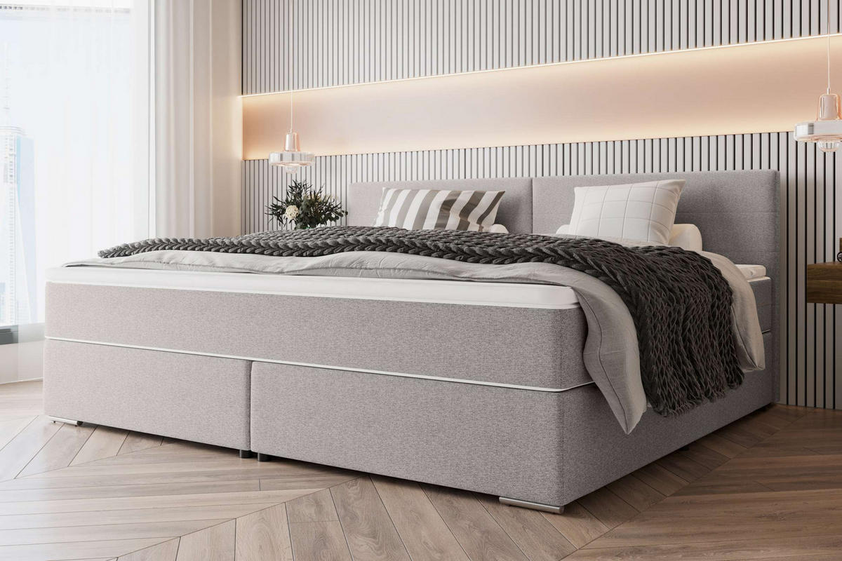 FAMILIENBETT BOXSPRINGBETT Webstoff Hellgrau 240/200 cm - Chromfarben/Hellgrau, Kunststoff/Textil (240/200cm) - 99rooms