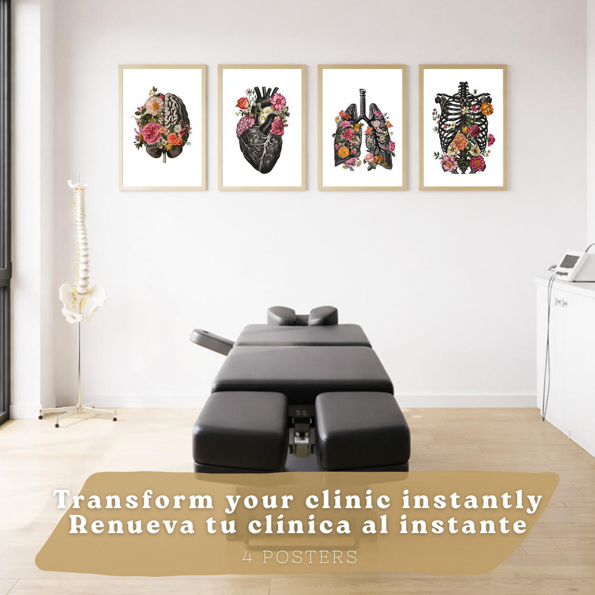 POSTER Set aus 4 Anatomie Drucke und Wandbilder mit Herz Gehirn Skelett und Darm Antiker Hintergrund Medizinische Wanddekoration Größe Rahmenlos A3 - Klar, Papier (29.7/42/3cm) - Nacnic