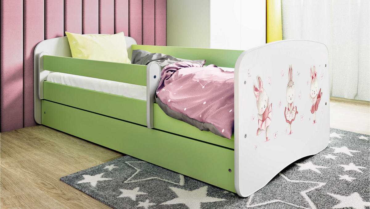 KINDERBETT Kaninchen mit Schmetterlingen mit Schublade 140/70 80/61/144 - Grün, Holzwerkstoff (70/140cm) - RAUMHIRSCH FURNITURE