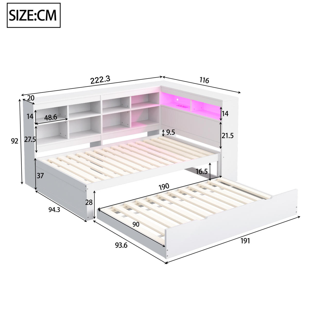 MULTIFUNKTIONSBETT 90/200 cm Weiß mit ausziehbarem Bett und USB-Anschluss - Weiß, Holzwerkstoff (90/200cm) - OKWISH