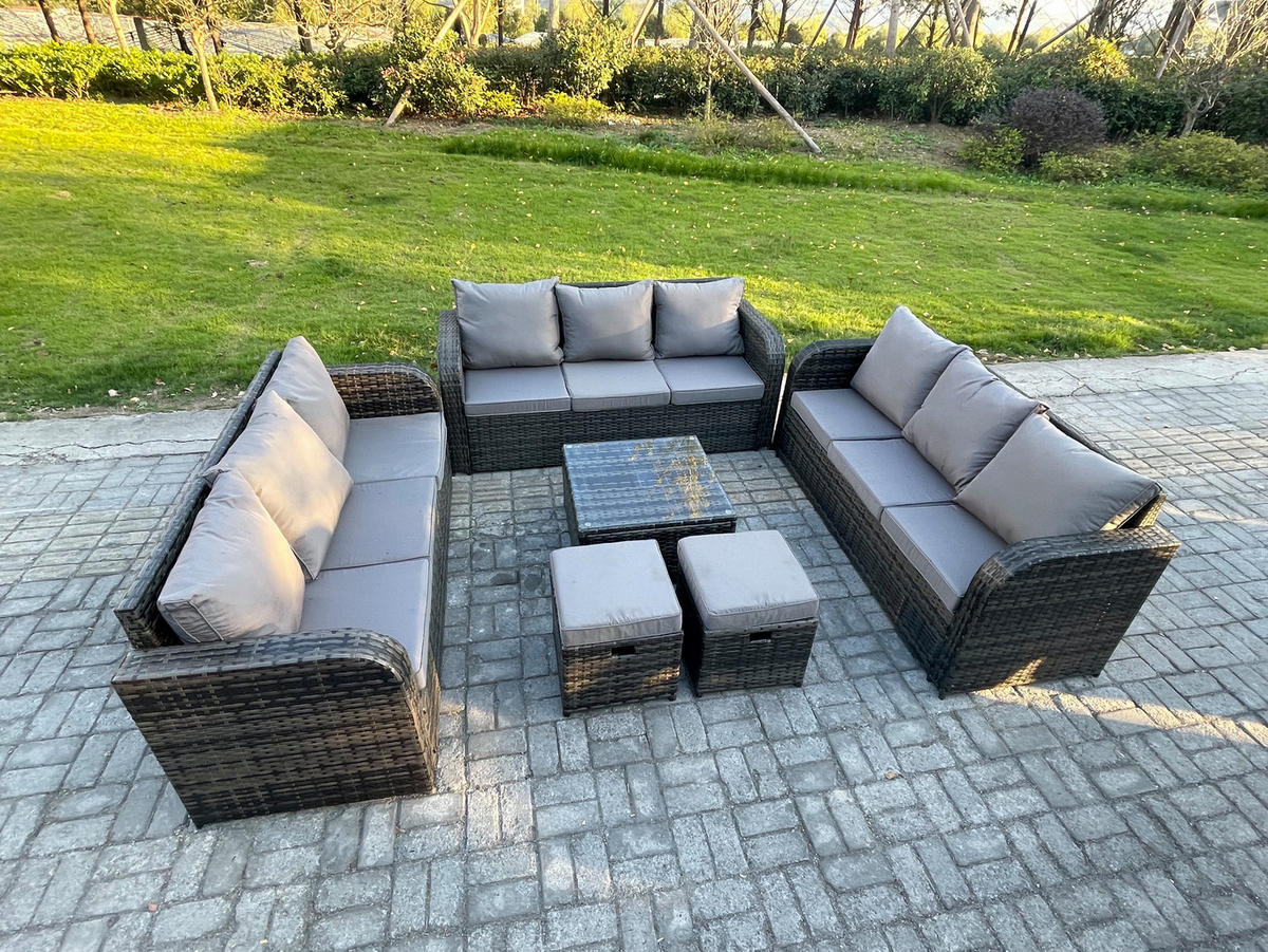 GARTENMÖBELGARNITUR mit KISSEN Polyrattan Dunkelgrau 11-Sitzer - Dunkelgrau/Grau, Glas/Kunststoff - Fimous