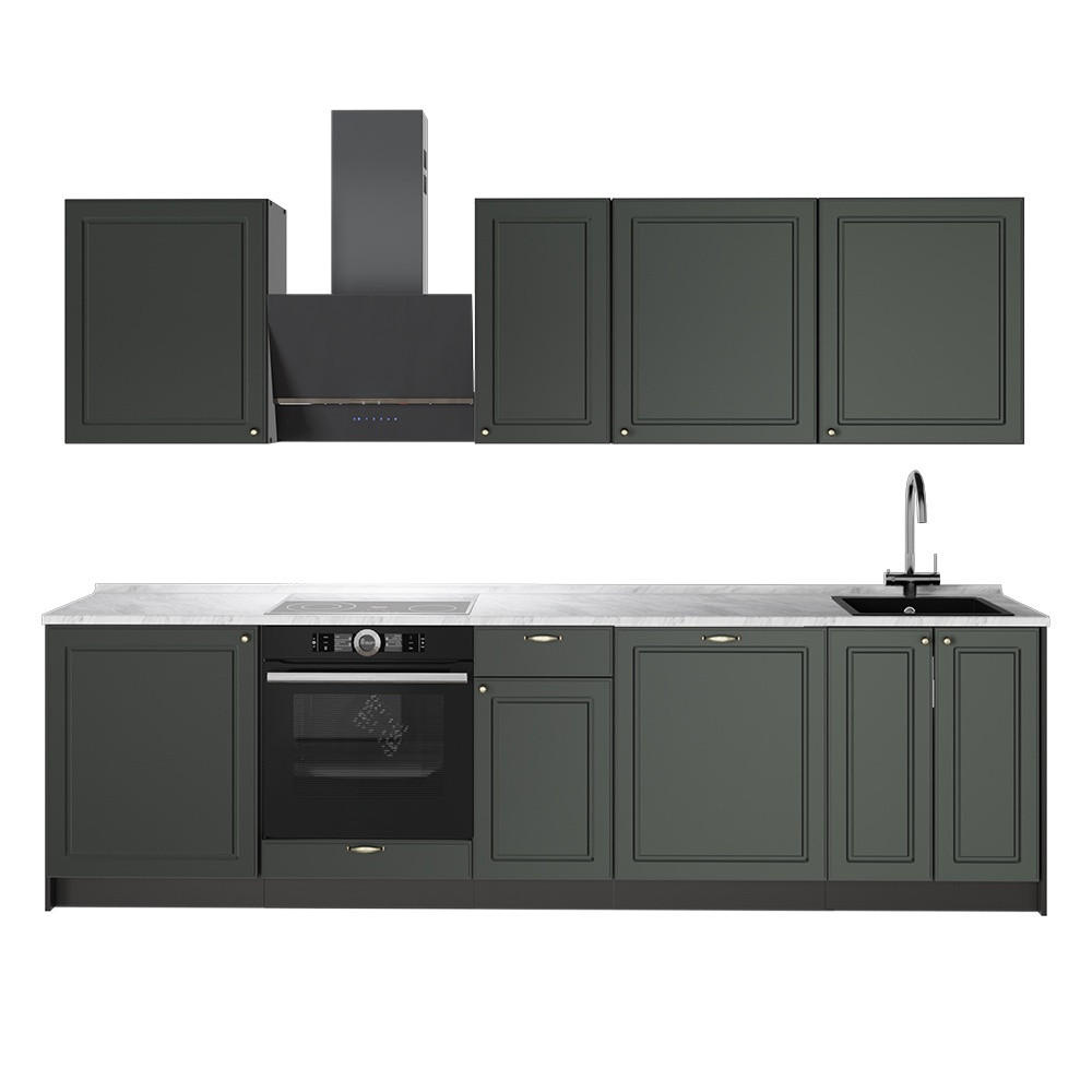 KÜCHENZEILE Fame-Line, Grün-Gold Landhaus/Anthrazit, 280 cm, AP Marmor - Anthrazit/Grün, Holzwerkstoff (280/82/60cm) - Vicco
