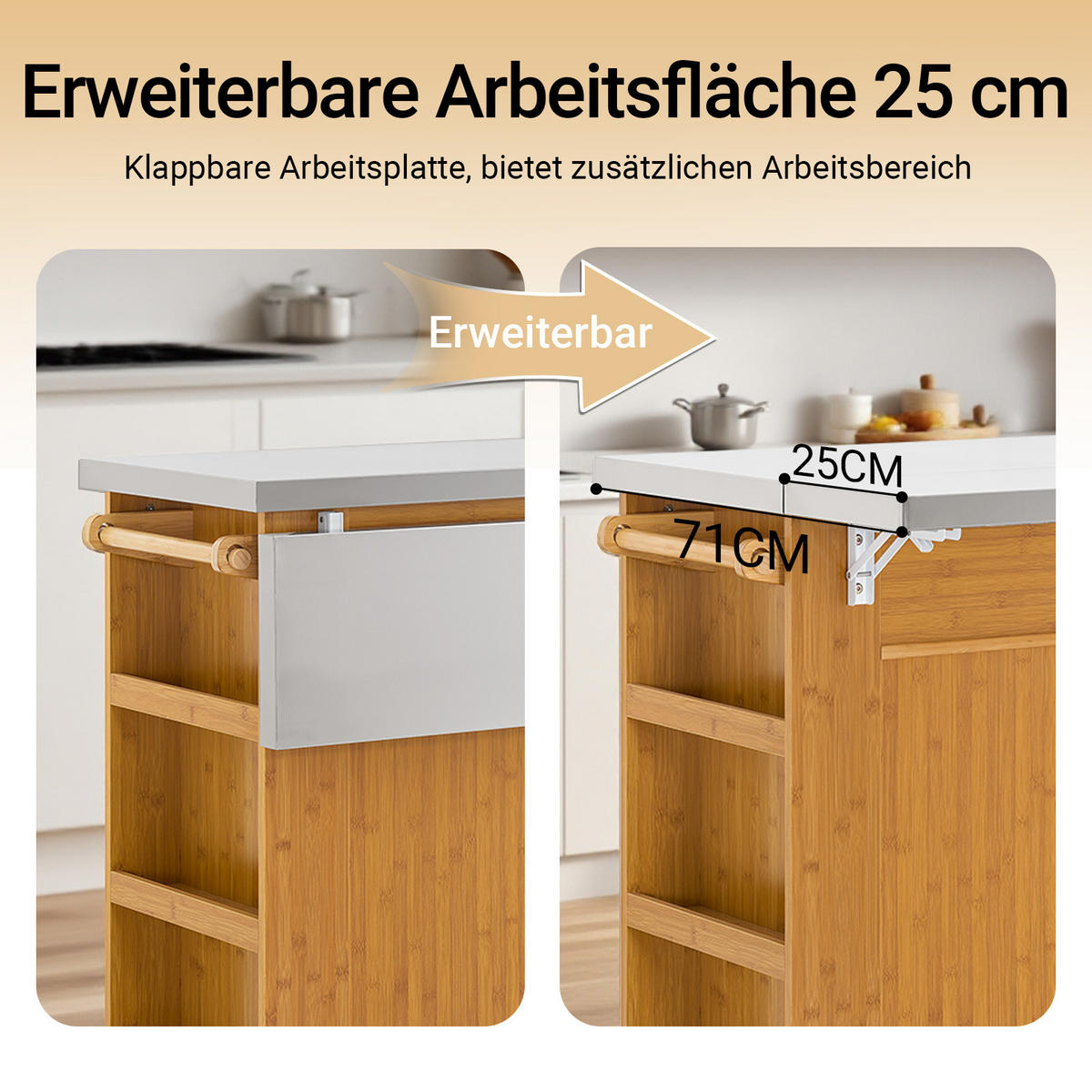 KÜCHENINSEL auf Rollen, Bambus, 107x92,5x(46–71) cm - Naturfarben, Holz/Holzwerkstoff (107/92.5/71cm) - SoBuy