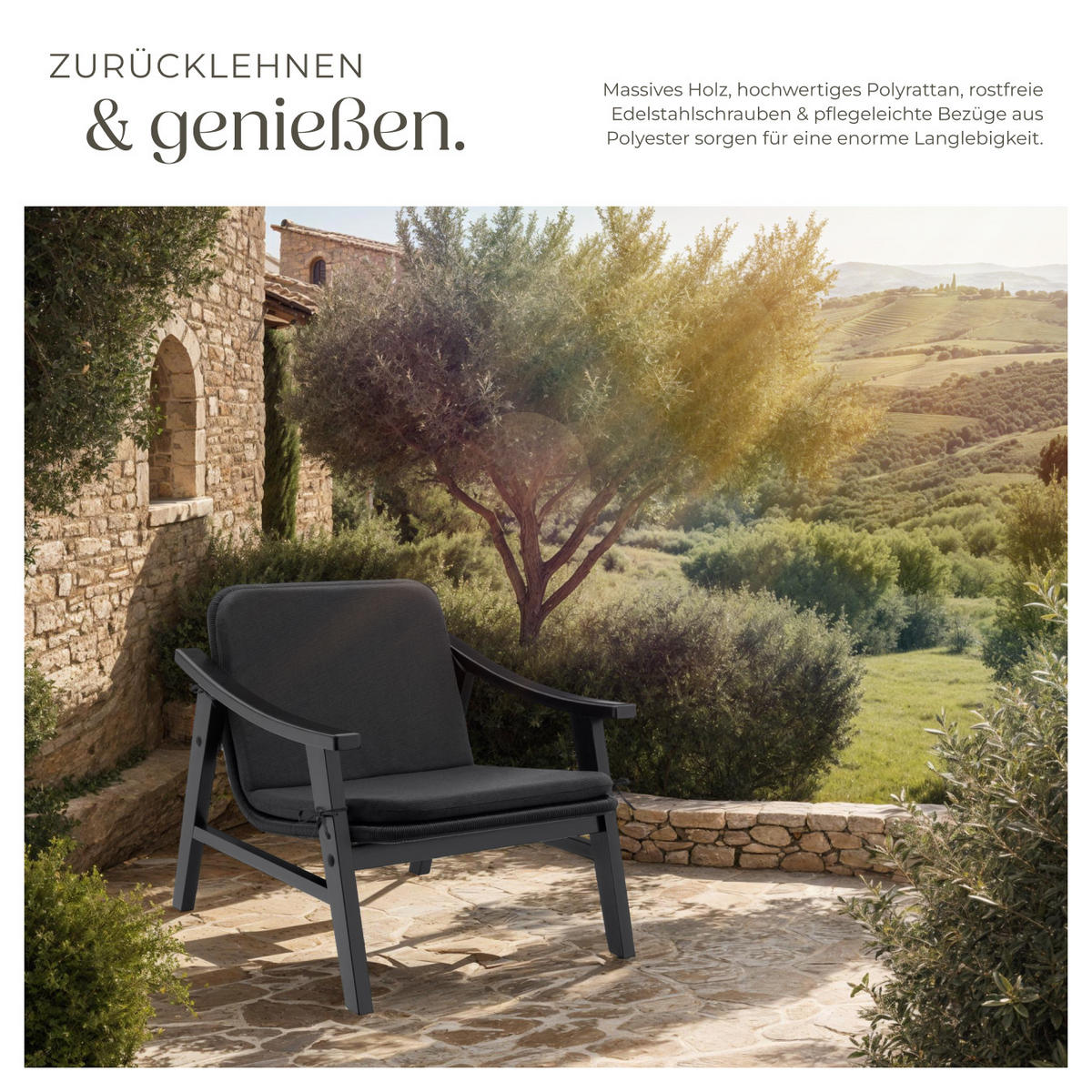 RATTAN STUHL Treviso,69 x 76 x 69,5 cm,schwarz - Schwarz, Kunststoff (69/69.5/76cm) - tectake