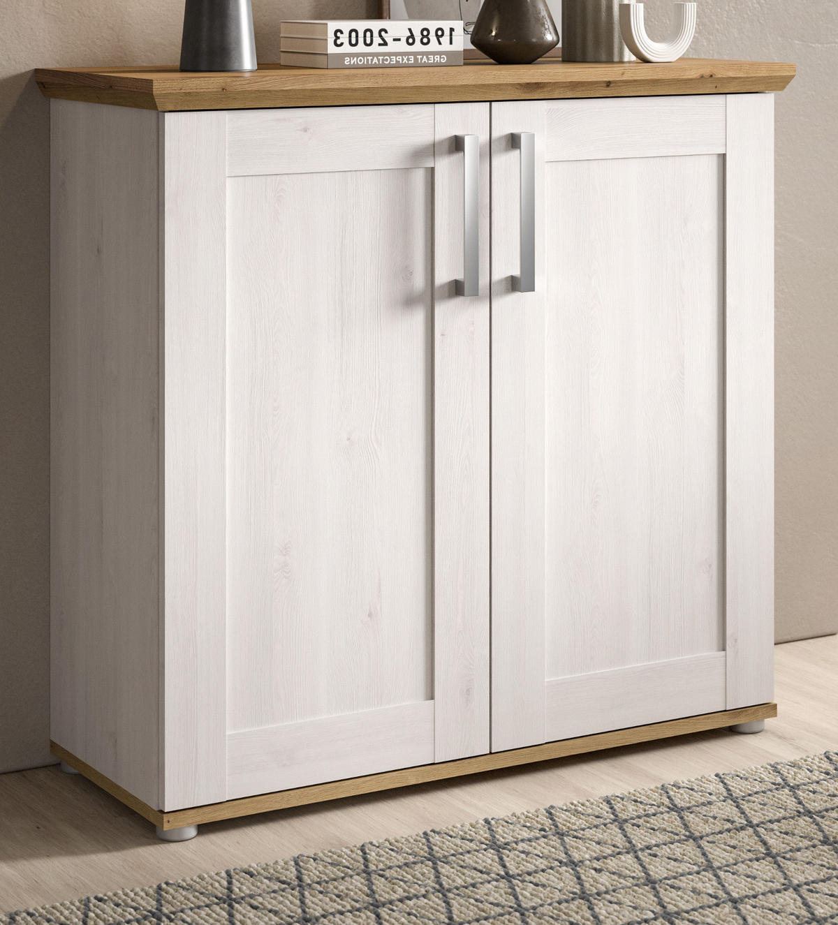 KOMMODE weiß Lärche, Eiche Artisan 95 cm, Sideboard im Landhaus-Stil - Silberfarben/Weiß, Holzwerkstoff/Kunststoff (95/92/39cm) - Inn.Furn