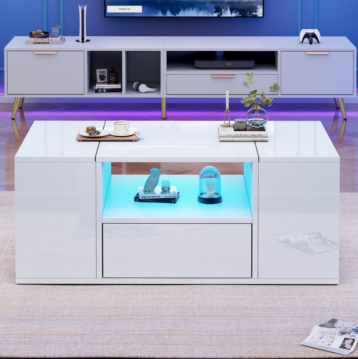 COUCHTISCH 100/50 cm mit LED-Beleuchtung, Schublade und 6 Staufächern - Weiß, Holzwerkstoff (100/50/40cm) - BEAOK