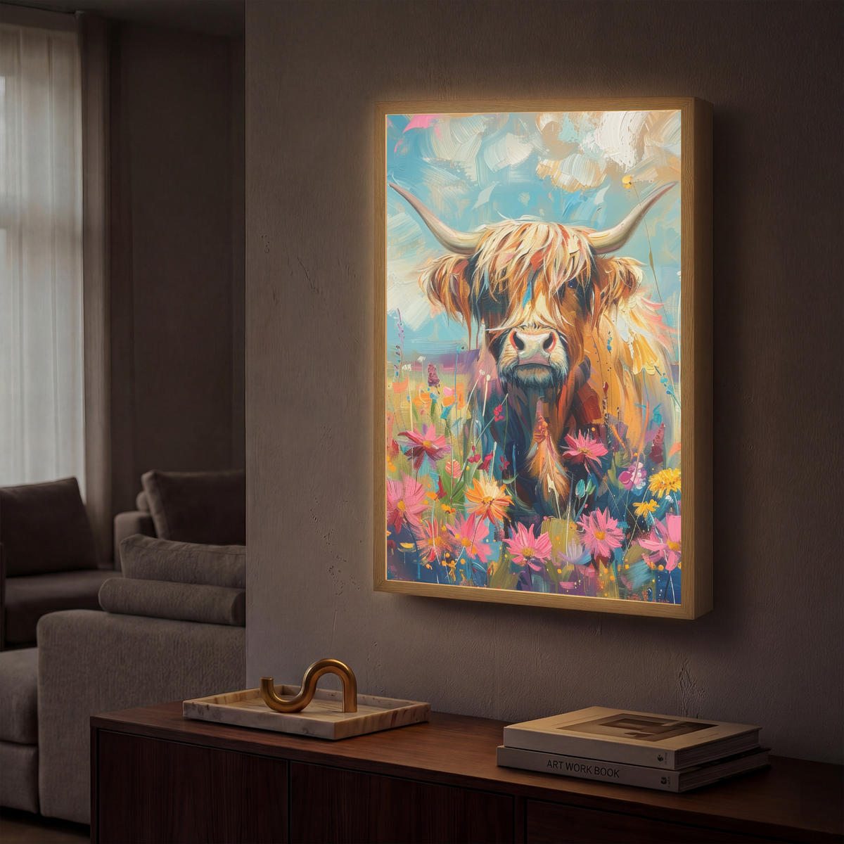 NÁSTĚNNÁ LAMPA S AKUMULÁTOREM Skotský horal - Příroda - Barevné - Květiny 40x60 cm - různobarevná, kompozitní dřevo (40/60/8cm) - OnlyWow