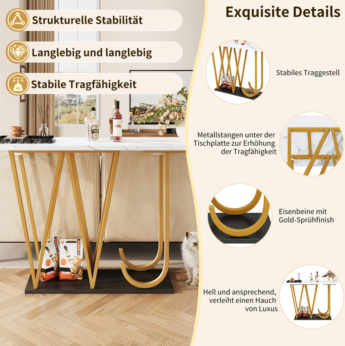 BEISTELLTISCH aus MDF und Metall 120x29,5x80 cm Weiß/Schwarz/Goldfarben mit Stauraum und Marmoroptik - Weiß, Holzwerkstoff (120/29.5/80cm) - Modfu
