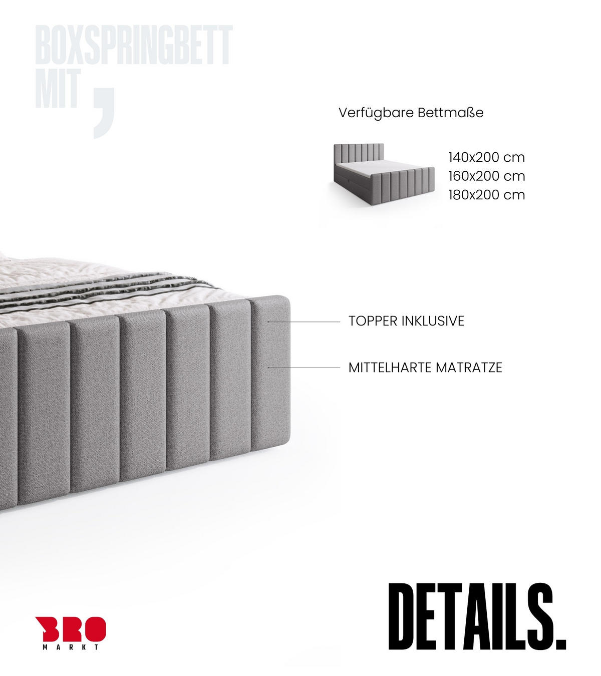 BOXSPRINGBETT Denver DUO mit Topper 140x200 Hellgrau - Hellgrau, Textil (140/200cm) - Bromarkt