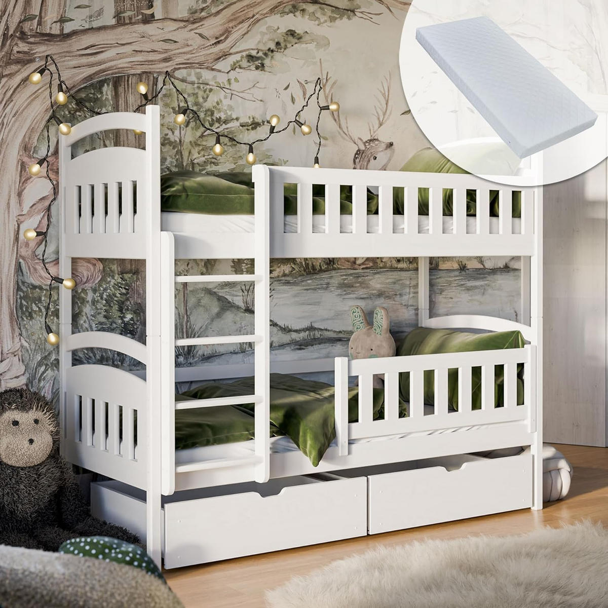 PATROVÁ postel 90 × 200 cm se 2 zásuvkami a 2 matracemi – bílá - bílá, dřevo - Kids Collective